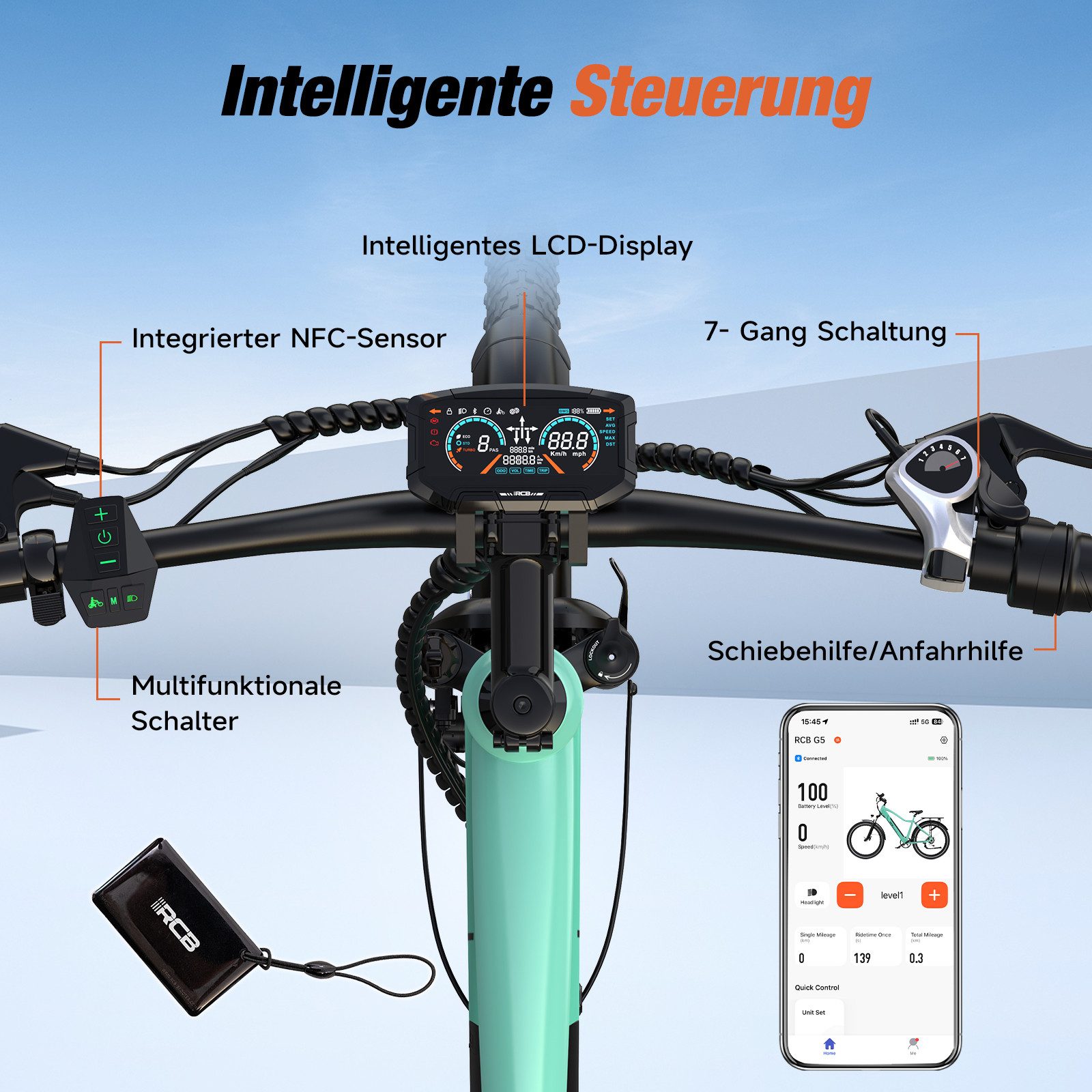 RCB E-Bike Pedelec G5 für Stadt und Gelände,27,5Zoll Herren Elektrofahrrad,13Ah,60-100 km, 7 Gang, Kettenschaltung, Heckmotor, 468 Wh, APP, ebike Herren, Gepäckträger hinten