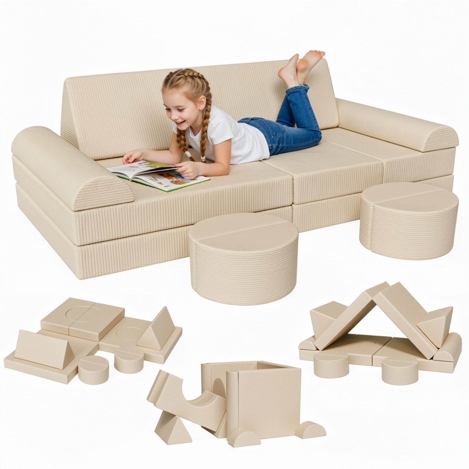 TLGREEN Kindersofa 15-teiliges modulares Kinderspielsofa aus Schaumstoff, abnehmbarer waschbarer Bezug, kinderfreundlich ohne scharfe Kanten, kreative Kuschelecke für Kinderzimmer & Kindergarten