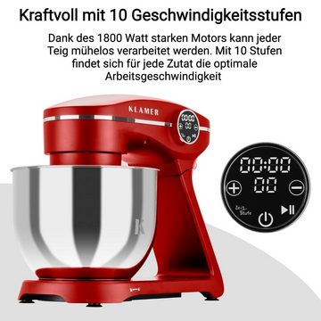 KLAMER Küchenmaschine KLAMER Küchenmaschine 1800W, Knetmaschine mit 6 Liter Edelstahl Schüs…