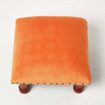 Homescapes Fußhocker Samthocker Mable – orange mit Holzbeinen, 40 x 40 x 25 cm