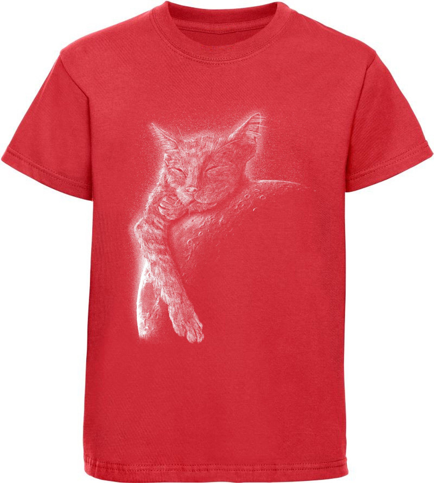 MyDesign24 Print-Shirt bedrucktes Mädchen T-Shirt Katze schlafend am Mond Baumwollshirt mit Aufdruck, schwarz, rot, i123 | T-Shirts