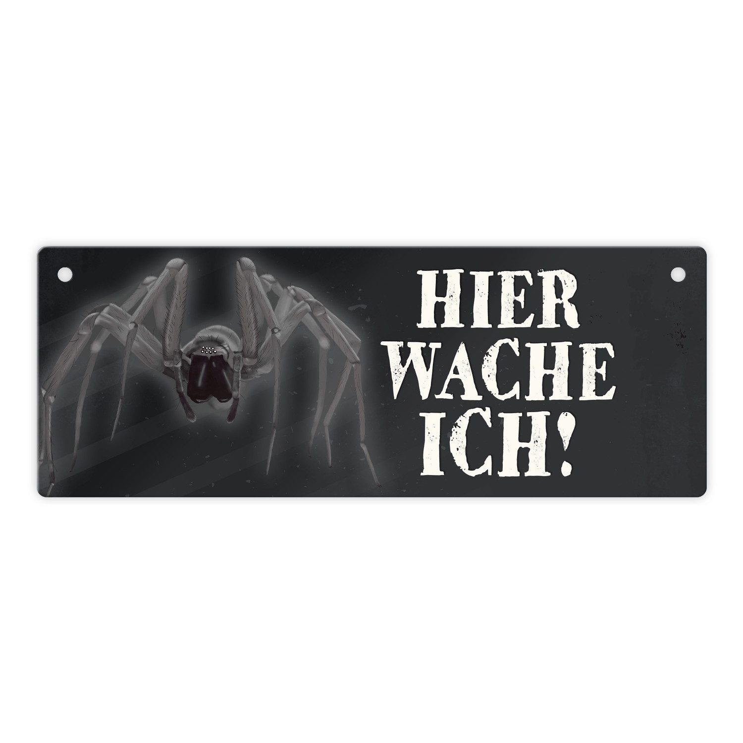 Metallschild Metallschild mit Spinne Motiv und Spruch: Hier wache ich! Türschild