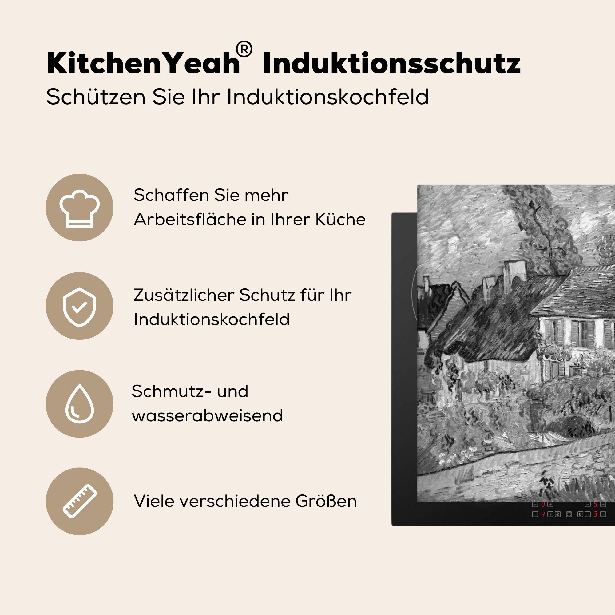 van für die küche, Herdblende-/Abdeckplatte (1 MuchoWow Gogh Vinyl, cm, Schwarz bei tlg), Ceranfeldabdeckung - Auvers 59x52 - Haus Weiß, - Induktionsmatte Vincent