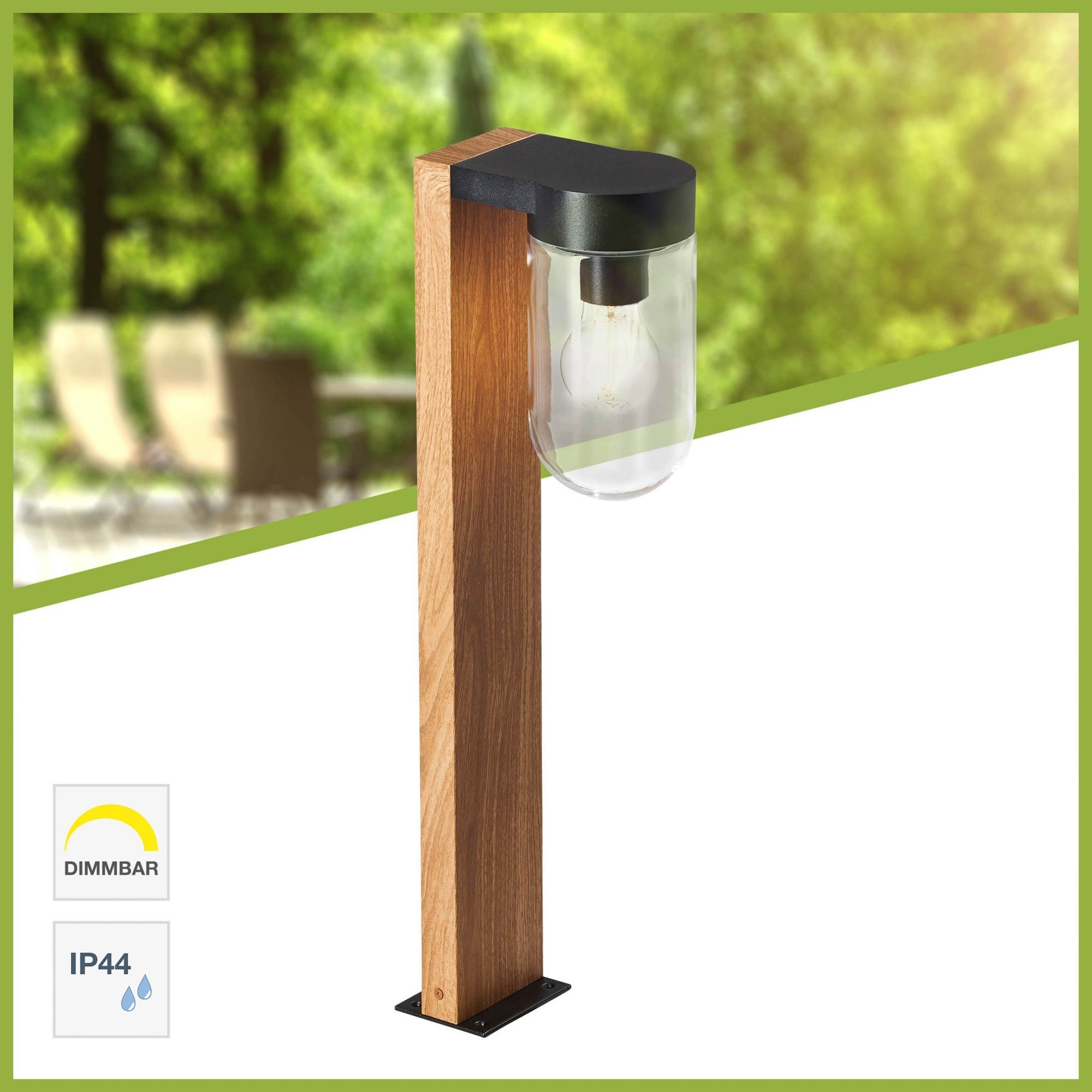 Lightbox Außen-Stehlampe, ohne Leuchtmittel, Sockelleuchte, max. Metall/Glas, Höhe, 40 W, E27 55cm Holzoptik