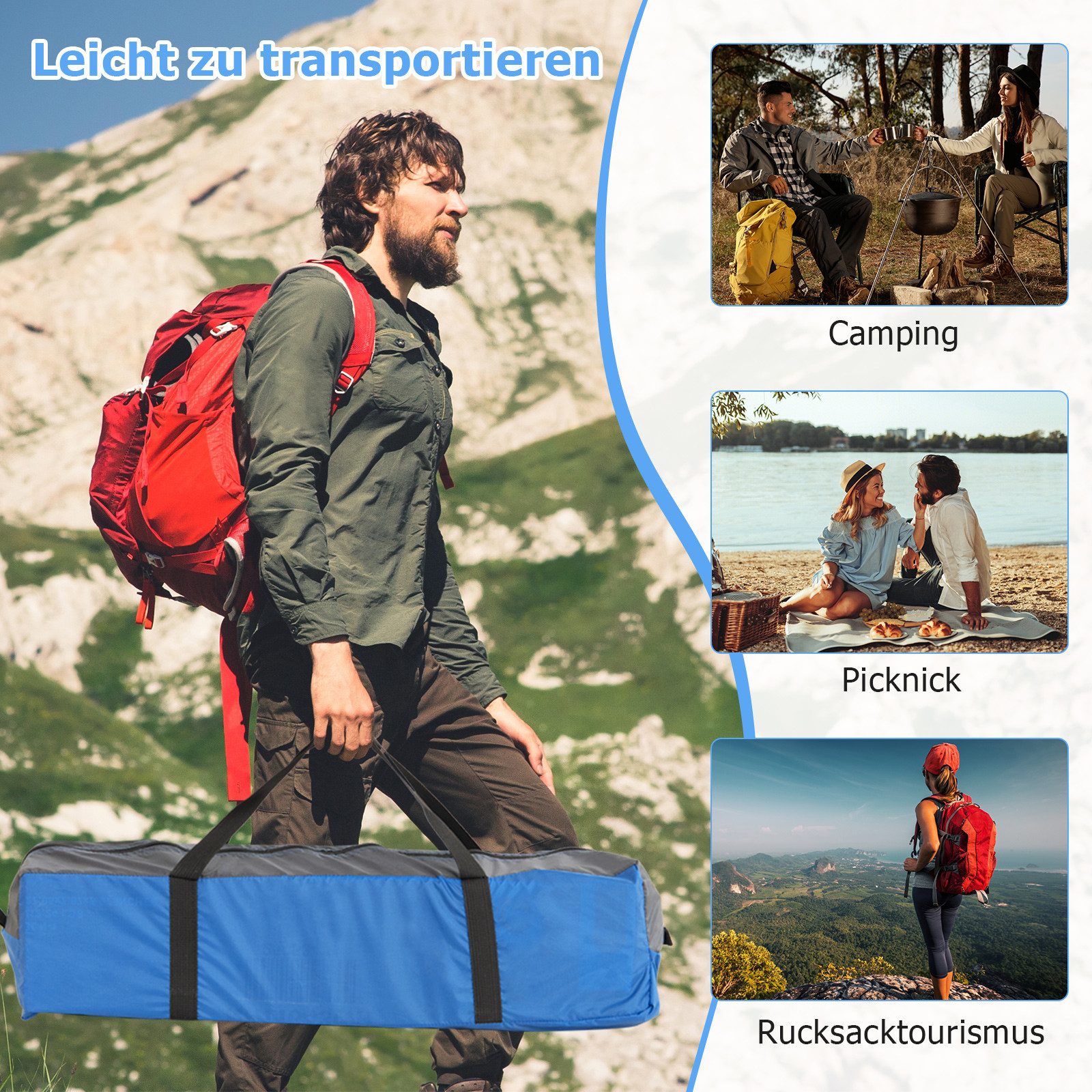 COSTWAY Kuppelzelt, Personen: 3, Camping Zelt mit abnehmbarem Regenschutz