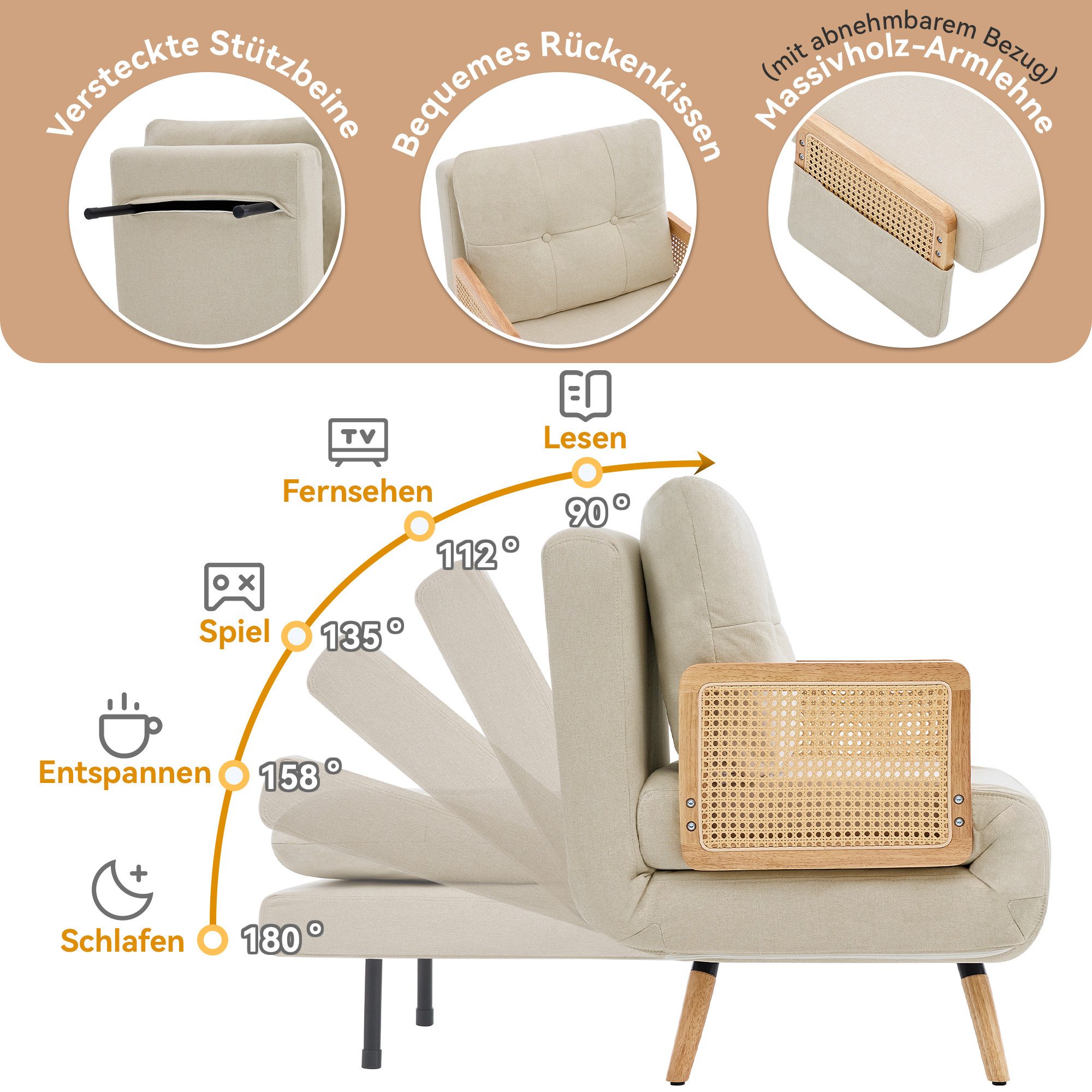 Merax Relaxliege 3-in-1 Schlafsessel mit Schlaffunktion, ausklappbarer Relaxsessel, Schlafsofa Klappsofa 67,5 × 73 × 86,5 cm 1 Teile, 5-fach verstellbarer Loungesessel mit Rattan-Armlehnen, Leinen