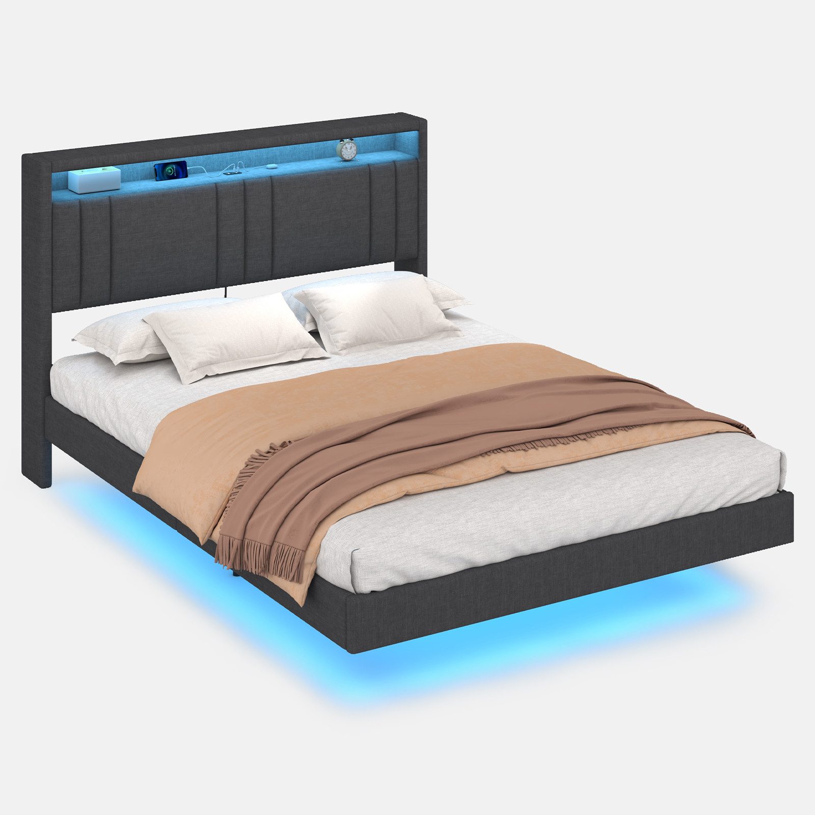 MSMASK Bettgestell Bett Bettgestell 140x200cm, Bettrahmen mit LED-Beleuchtung, Leinenstoff Grau