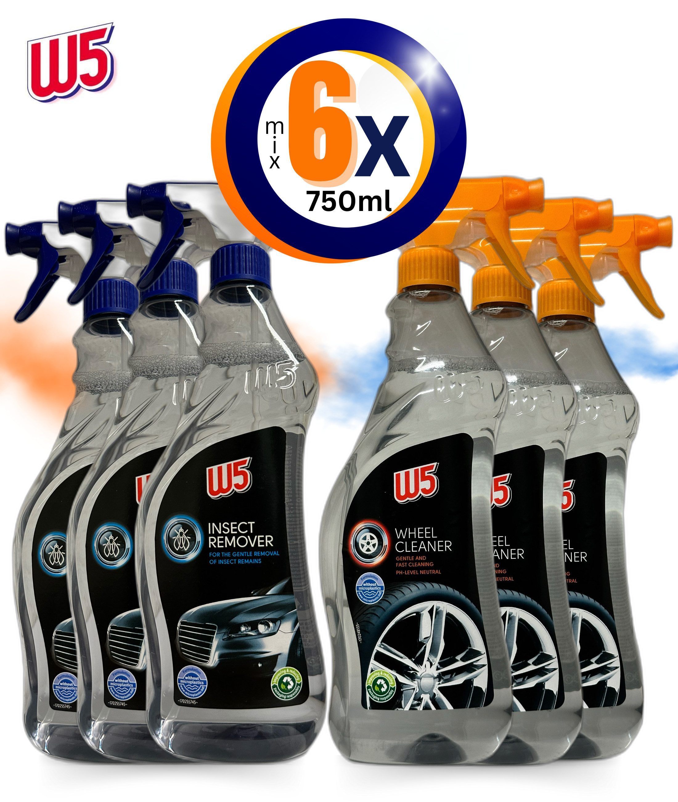 W5 Reinigungs-Set Insektenentferner + Felgenreiniger 6erPack (6x750ml), (6-St)