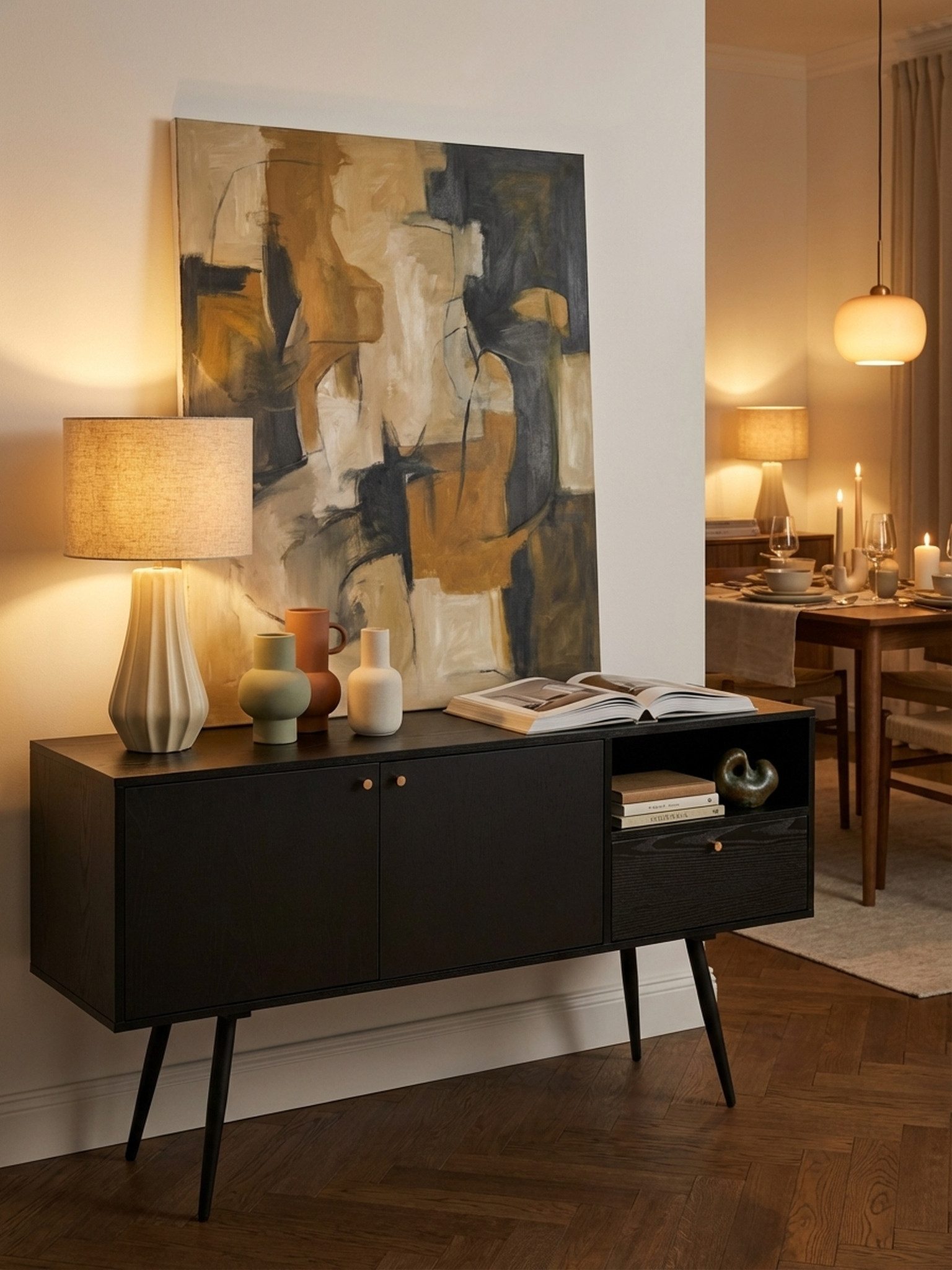 KADIMA DESIGN Kommode Sideboard 140x75x40 cm Kommode Schwarz mit Eiche-Dekor Zeitlos, Hoher (Anrichte mit offenem Fach), Kommodenschrank, Standschrank Wohnzimmer mit 2 Türen und Schublade