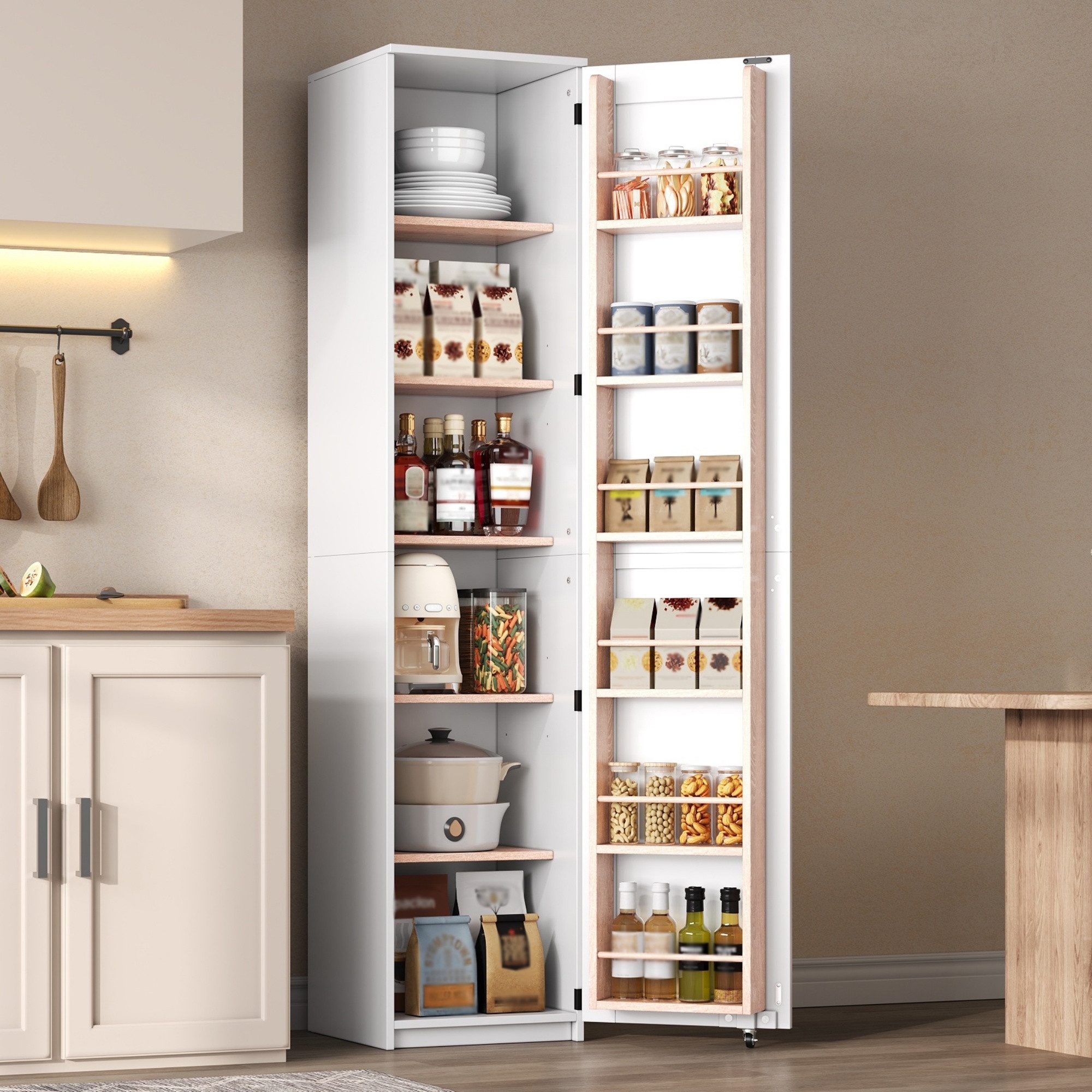Flieks Hochschrank Vorratsschrank mit 6 Fächern, Türablagen, verstellbaren Einlegeböden (40x40x183 cm, 1-St., Highboard für Wohnzimmer, Esszimmer und Badezimmer) schmaler Küchenschrank Mehrzweckschrank 6 Ebenen Weiß