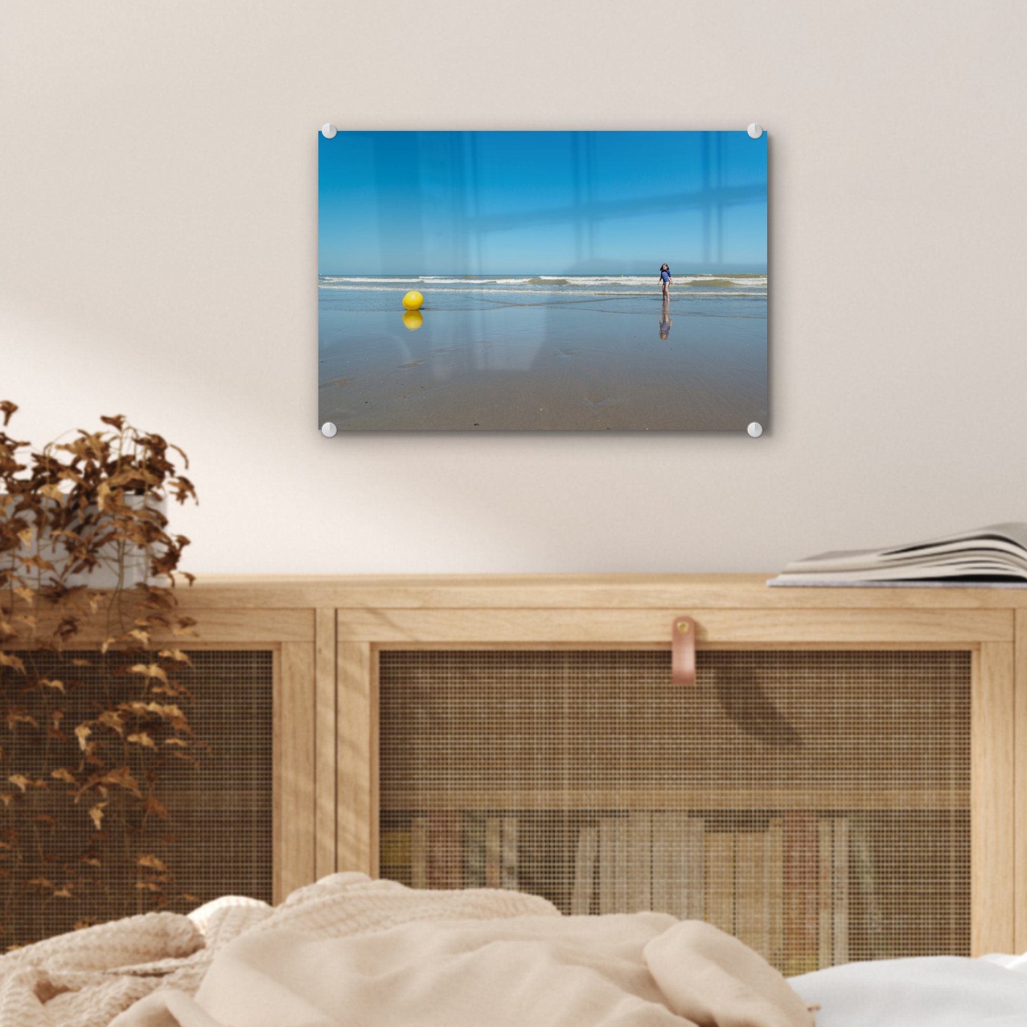 Acrylglasbild Glasbilder Glas Foto St), - MuchoWow Strandball (1 Wanddekoration Nordsee - - - Gelb, auf - Glas Wandbild auf Bilder