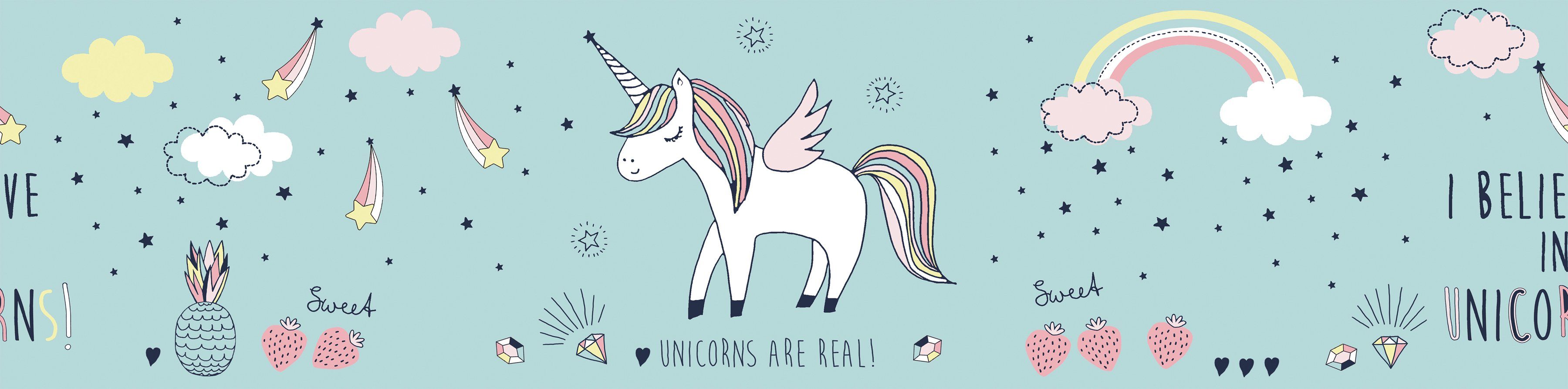 A.S. Création Bordüre Sweet Unicorn, glatt, Motiv, abstrakt, naturalistisch, Tapete Kinder Bordüre Selbstklebend Einhorn Türkis Borte Design Optik