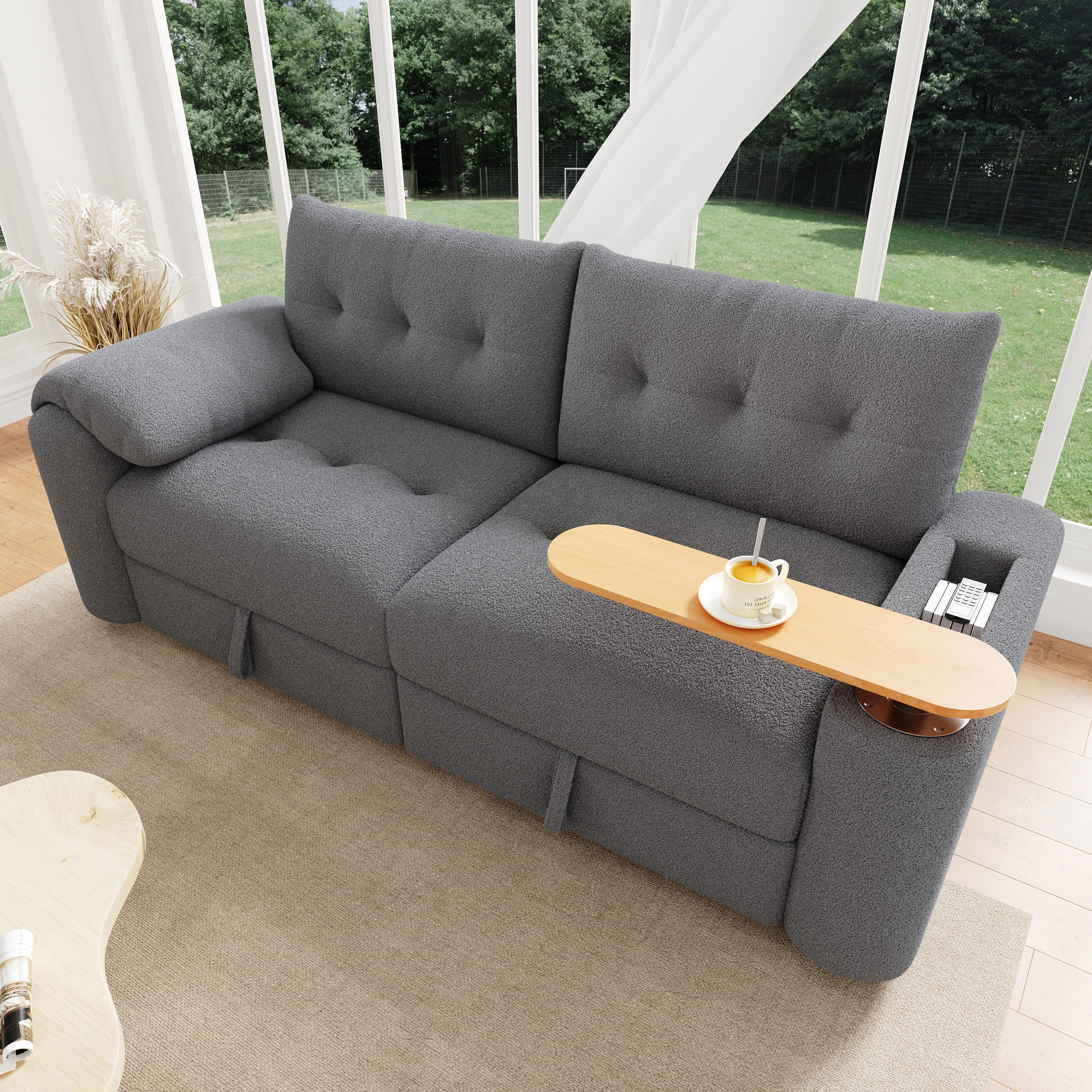 MODFU Schlafsofa Modulare Schlafcouch mit integriertem Beistelltisch, 207,5x80x87 cm, Bezug aus weichem Teddyplüsch, kompakte mit Stauraum 1 Teile, als vielseitiger und kuscheliger Mittelpunkt für kleine Wohnungen