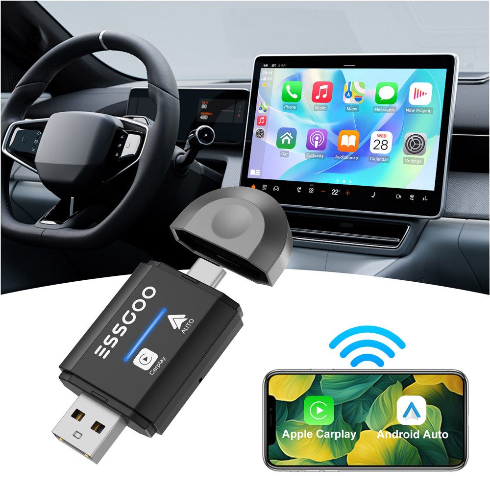 2 in 1 Kabelloses Carplay & Android Auto Adapter WLAN Typ-C/USB Adapter