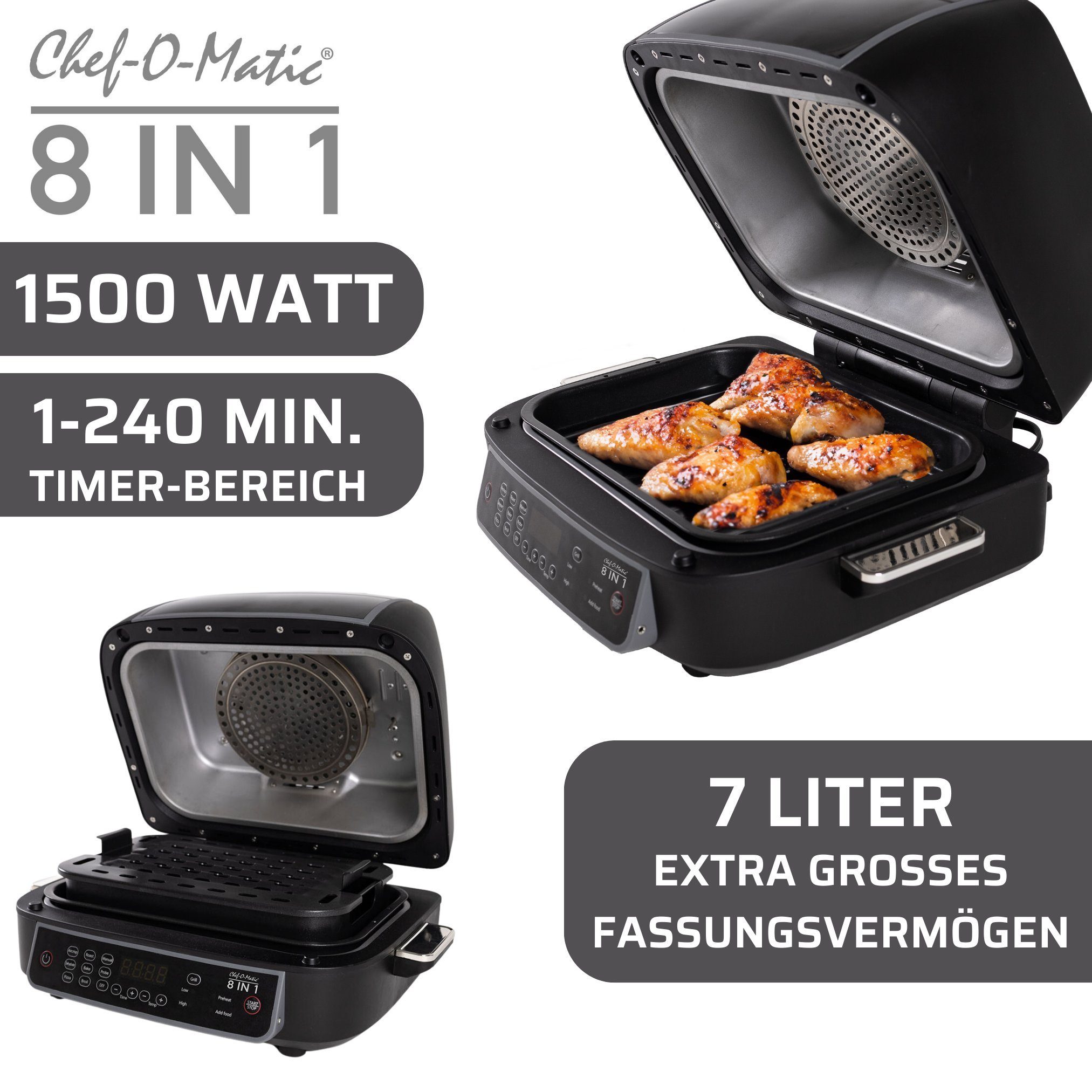 Best Direct® Air 1 in Indoor Fritteuse, Chef-O-Matic® 1500,00 Heißluftfritteuse Grill Backofen, Ofen 8 Heißluftofen, Multikocher, Mini Grill, & W