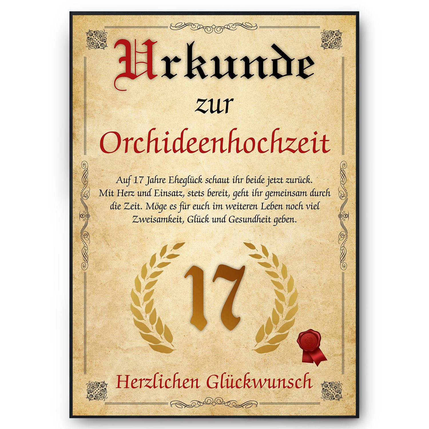 Tigerlino Poster Urkunde zum 17. Hochzeitstag Geschenk 17. Jahrestag Karte Ehepaar, Orchideenhochzeit