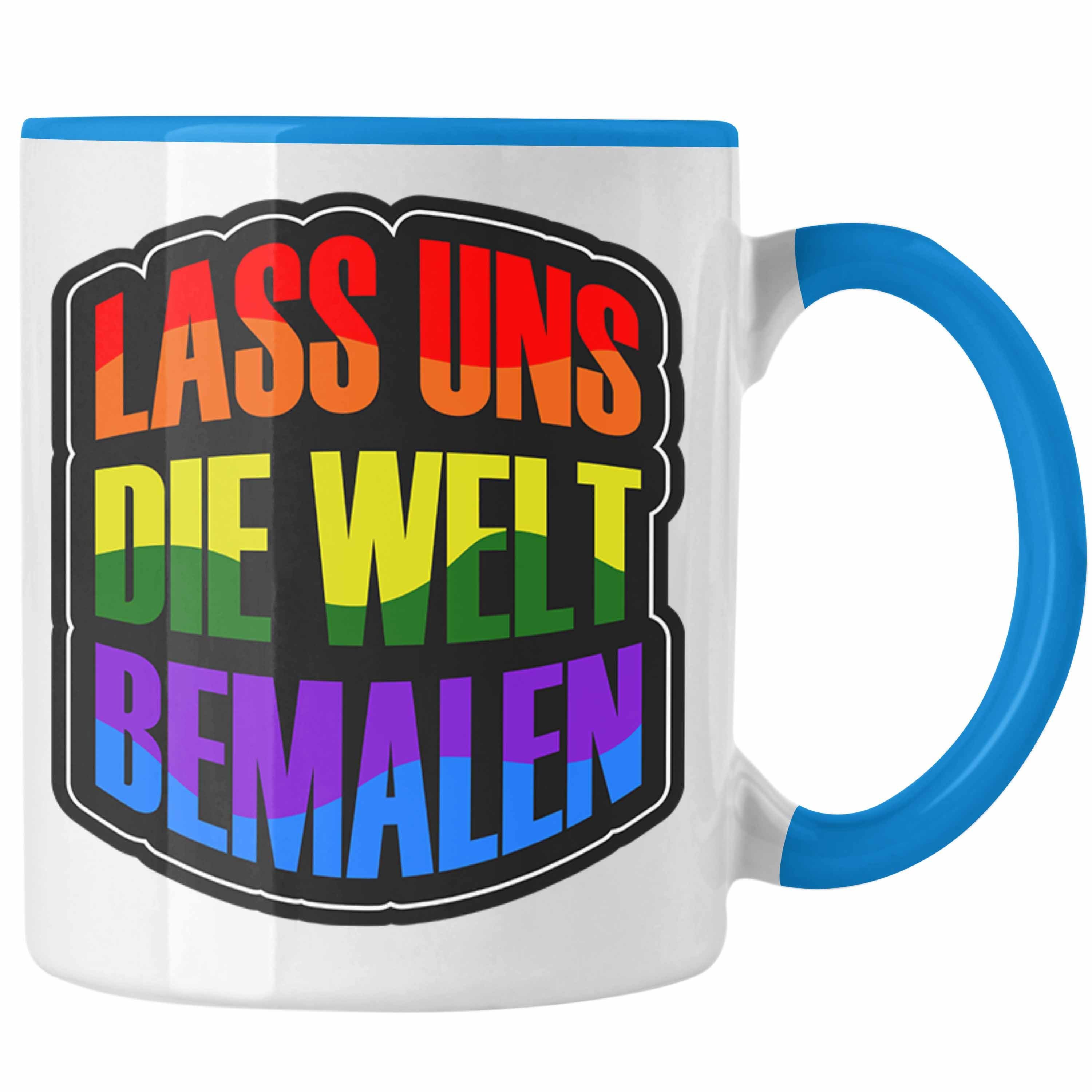 Trendation Tasse Geschenkidee LGBT Tasse "Lass uns die Welt Bemalen" Regenbogenfarben Blau