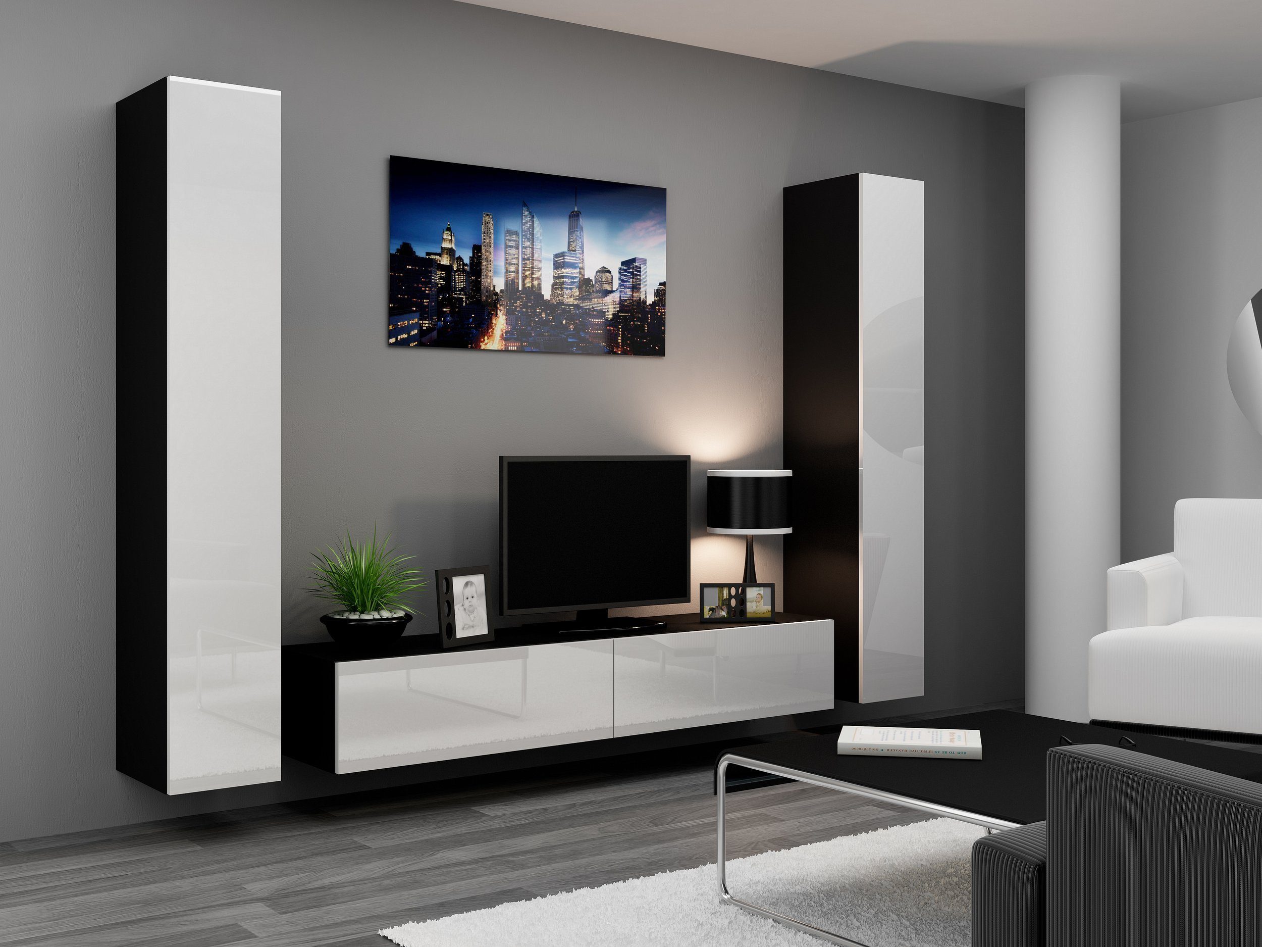 Stylefy Wohnwand Vago IV B, (Set (3-St), Wohnmöbel, Wohnzimmer-Set), bestehend aus 1xLowboard und 2xHängeschrank, Hochglanzfronten, mit Push-to-Open, Modern Design Weiß/Weiß Hochglanz
