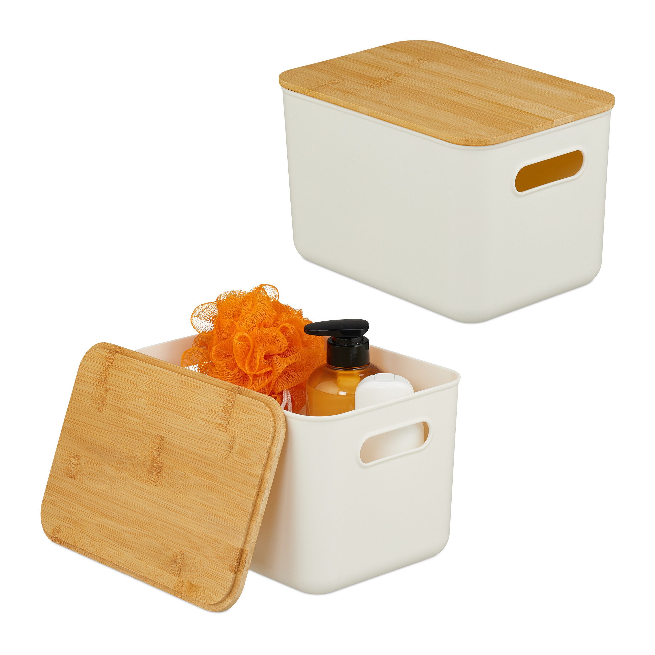 relaxdays Aufbewahrungsbox mit Bambusdeckel im Set (2 St), weiß, 2er-Pack S