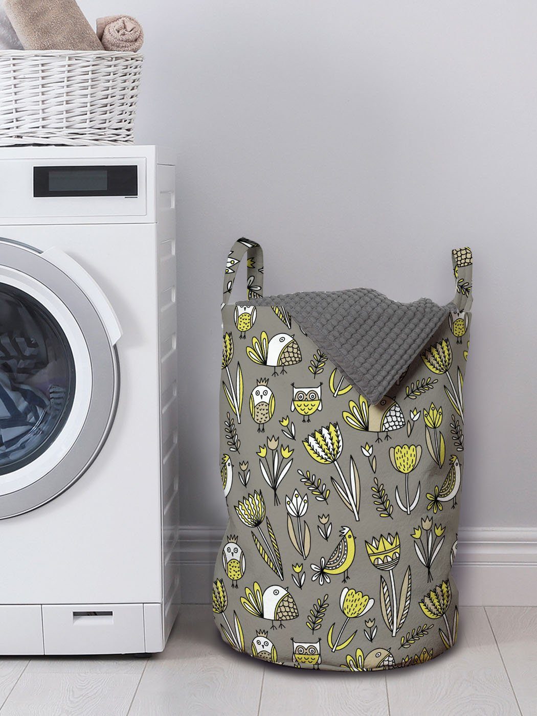 Abakuhaus Wäschesäckchen Wäschekorb mit Waschsalons, Griffen für Gelber Vogel Avian Kordelzugverschluss Zusammenfassung Tulpen