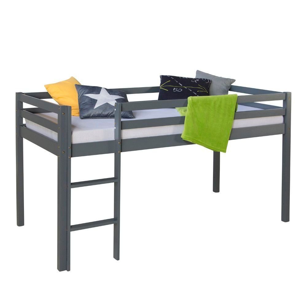 Homestyle4u Hochbett Kinderbett 90x200 Weiß oder Grau Kiefer mit Vorhang Spielbett