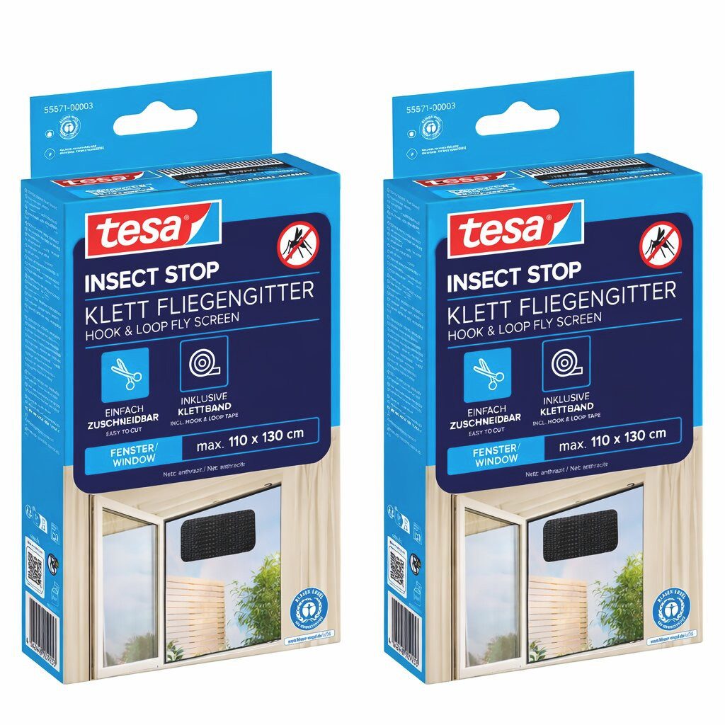 tesa Fliegengitter-Gewebe, (Spar-Set, 2-St., zuschneidbar, selbstklebend - 100 cm x 100 cm - Weiß - 2er Set), mit Klettband, zuschneidbar - Mückenschutz ohne Bohren