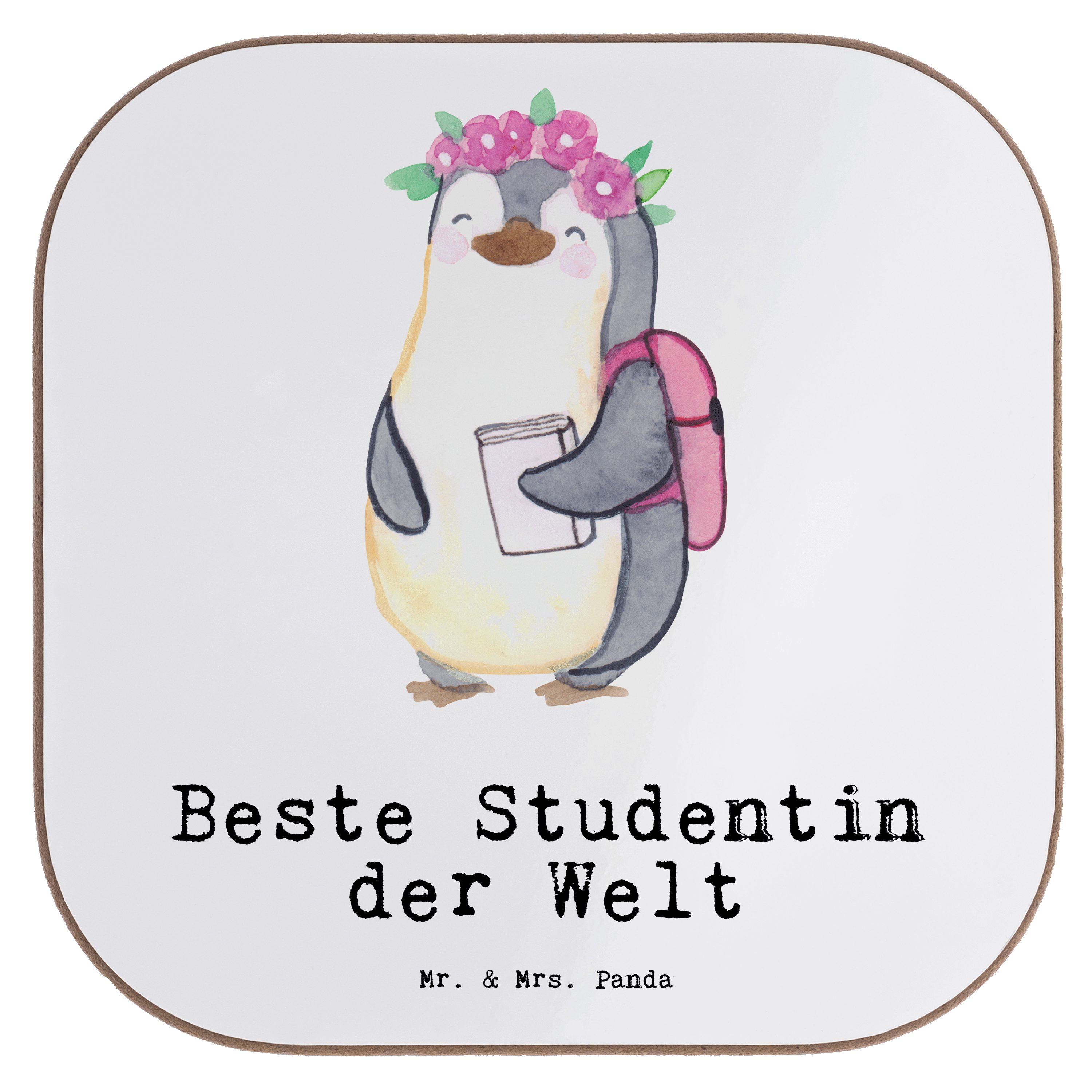 Mr. & Mrs. Panda Getränkeuntersetzer Pinguin Beste Studentin der Welt - Weiß - Geschenk, Glasuntersetzer, 1-tlg.