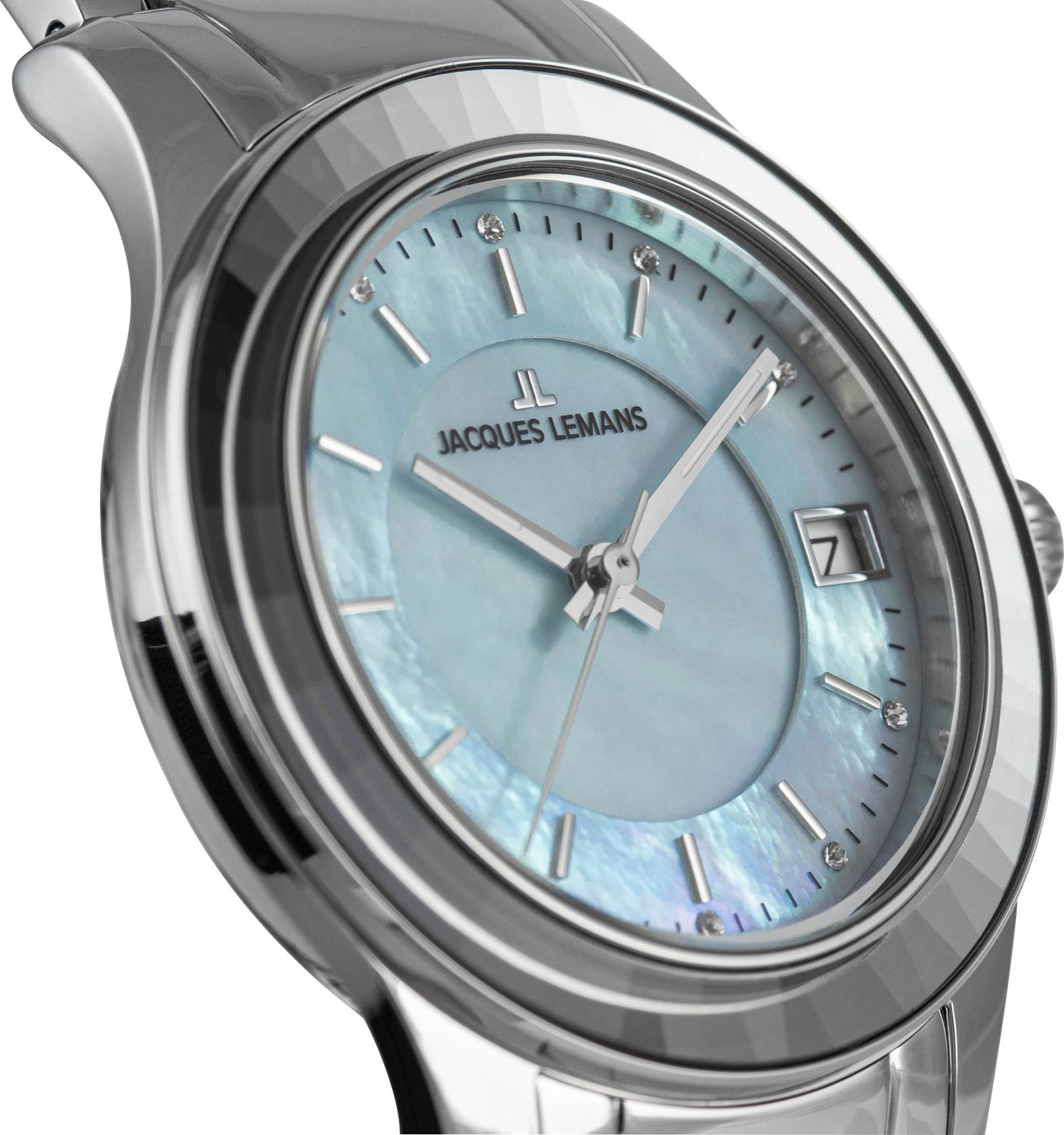 Jacques Lemans Quarzuhr Venice 1-2194C, Armbanduhr, Damenuhr, Edelstahlarmband, Perlmutt-Zifferblatt, Datum