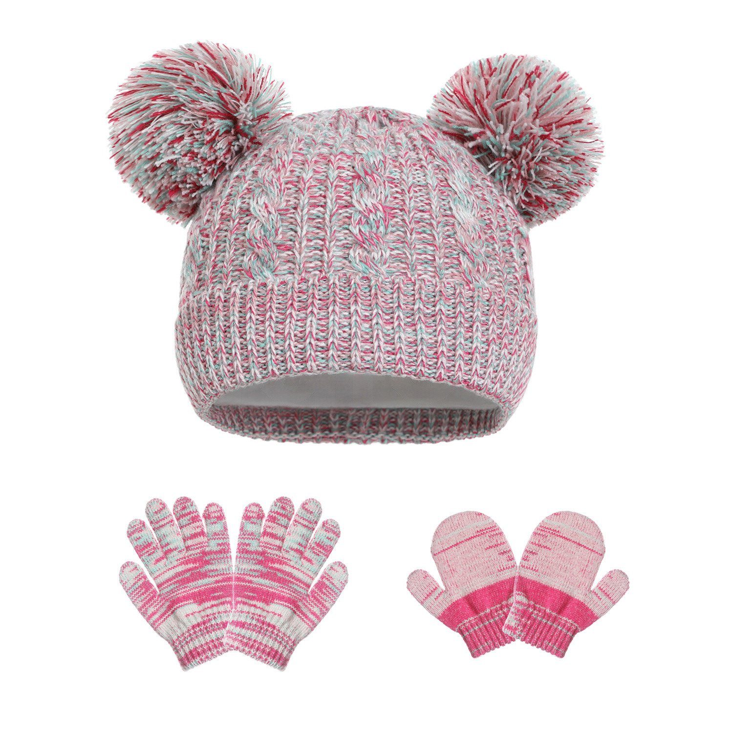 MAGICSHE Bommelmütze Mütze & Handschuhe Wintermütze Mit Wollfutter für Kinder im Alter von 1-5 rosa grün