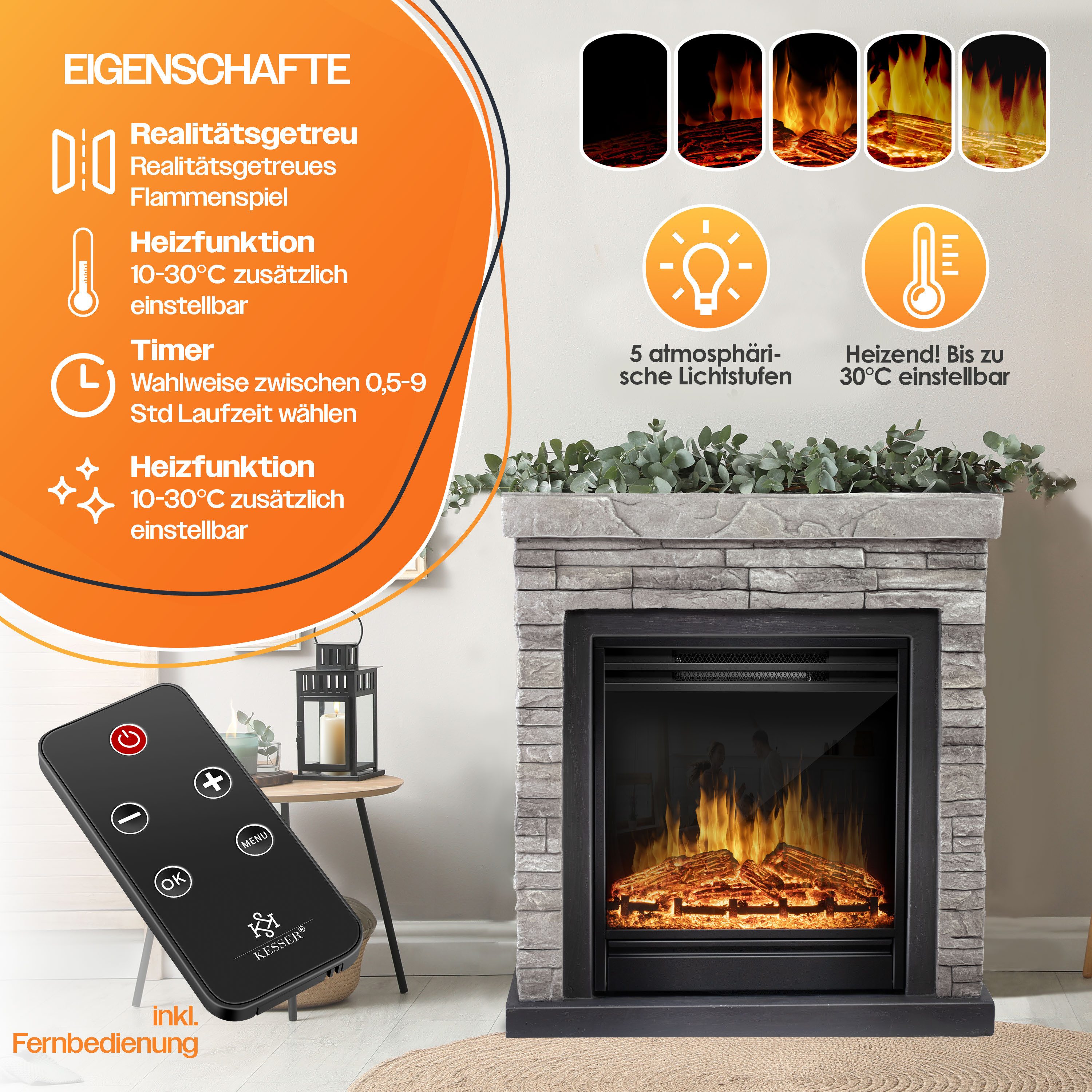KESSER Elektrokamin, Elektrokamin Standkamin Kamin elektrisch mit LED 3D-Flamme