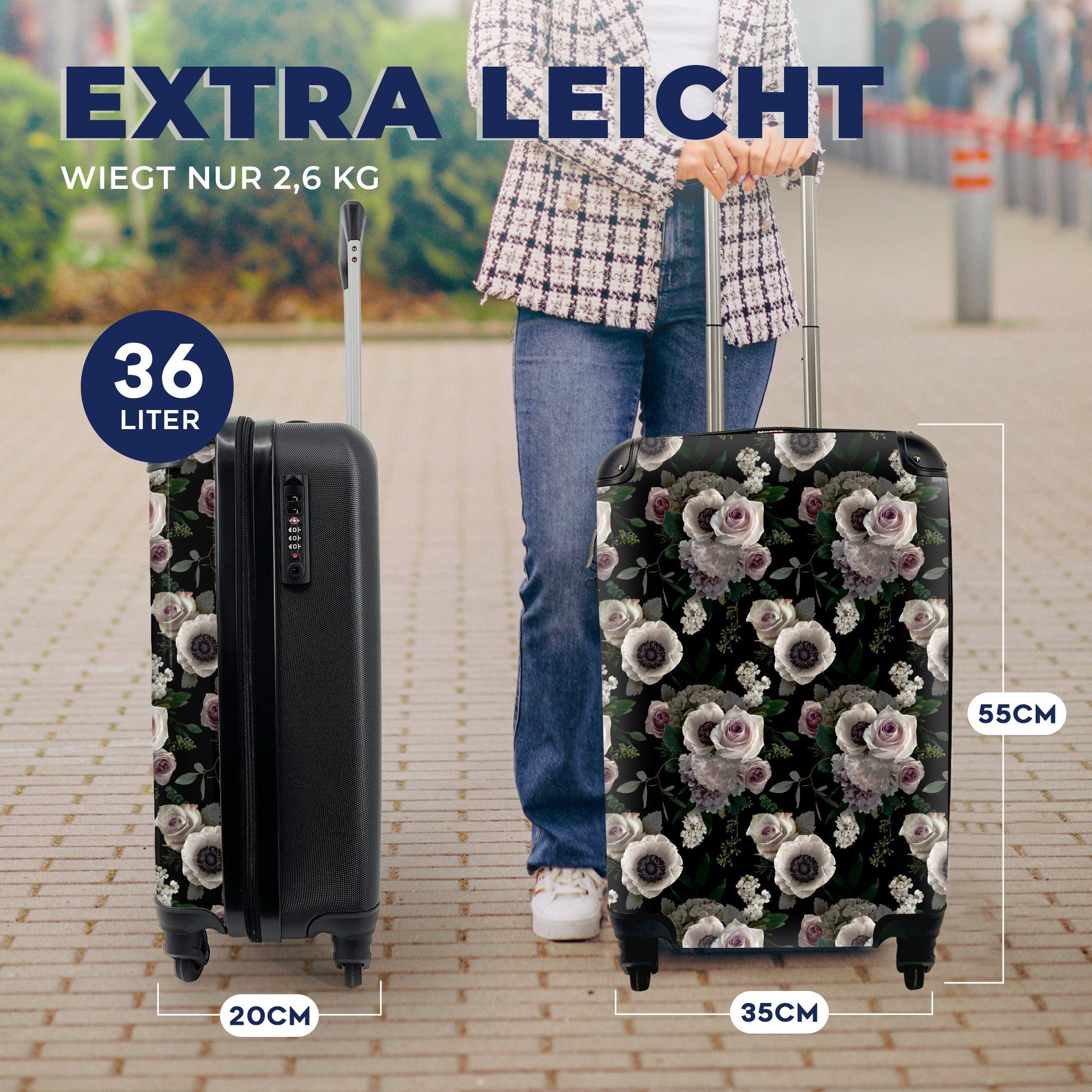 Blumen Anemone, MuchoWow 4 Ferien, Trolley, für Reisetasche Reisekoffer Handgepäck Licht - - mit rollen, Rollen, Handgepäckkoffer