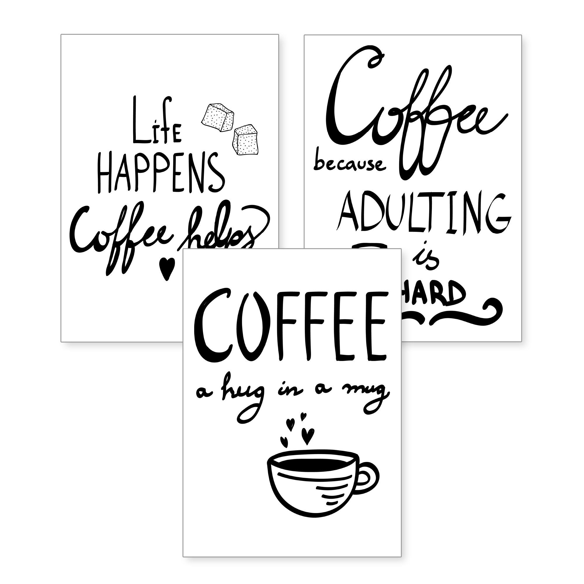 Kreative Feder Poster, Schwarz-Weiß, Text, Schrift, Kaffee, Coffee (Set, 3 St), 3-teiliges Poster-Set, Wandbild, optional mit Rahmen, DIN A4 oder A3