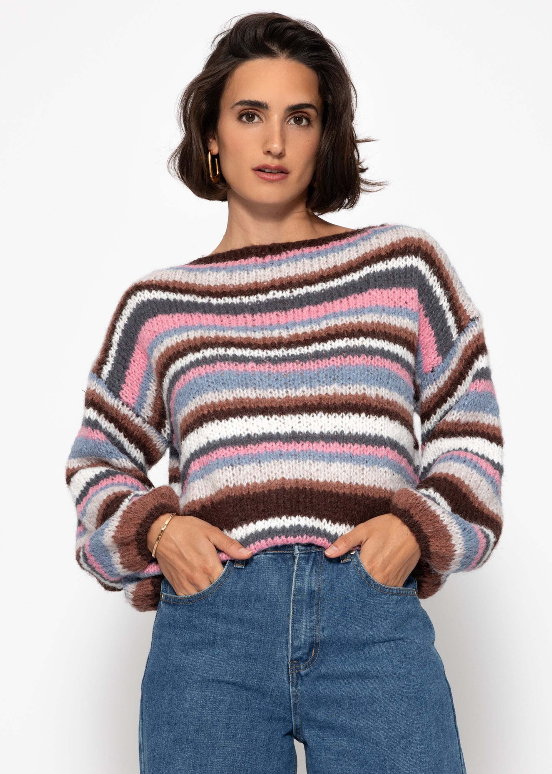 SASSYCLASSY Strickpullover Gestreifter Strickpullover für Damen Mehrfarbiger oversized Pullover in weicher Textur Orange Braun