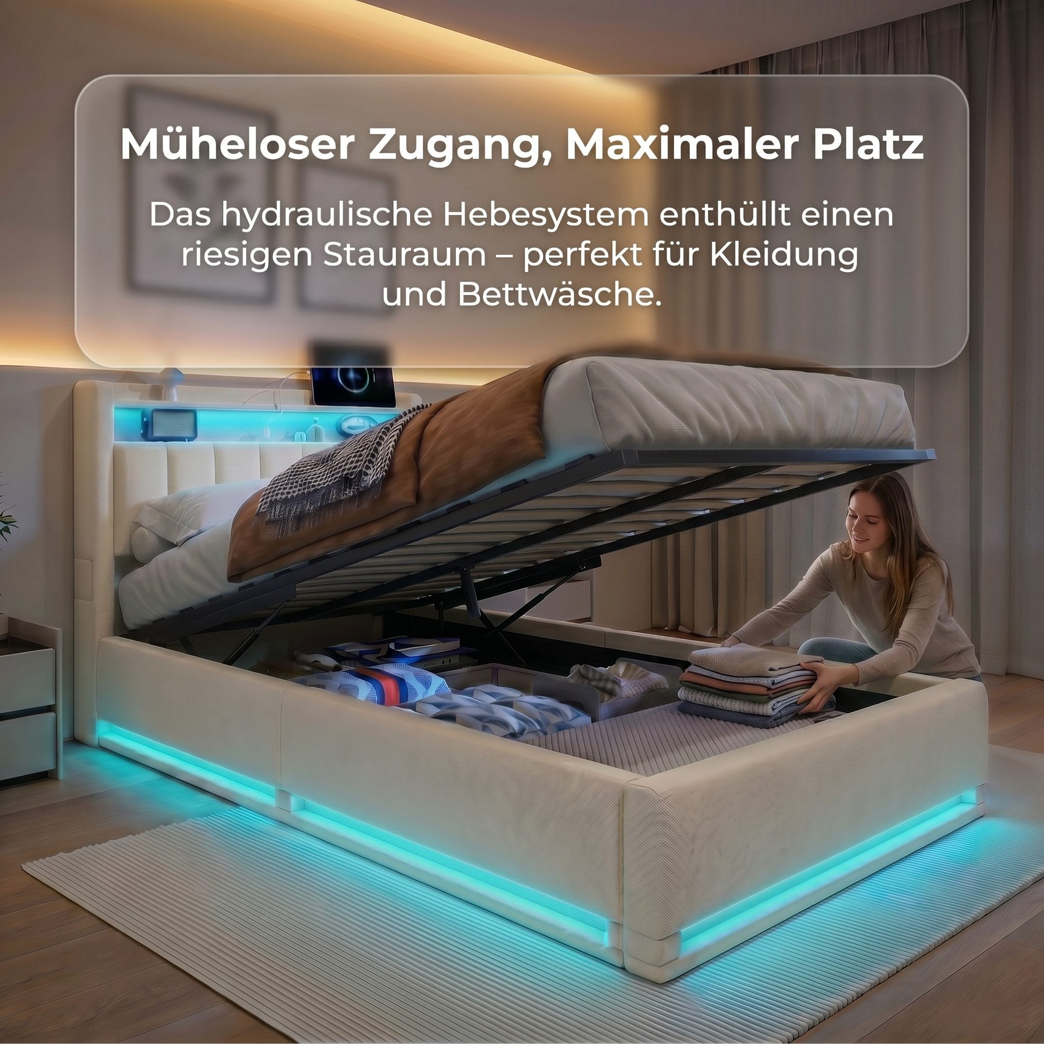 PXloue Polsterbett LED Doppelbett, Einzelbett, Bettkasten, Ladefunktion, Samt, 90x200 cm