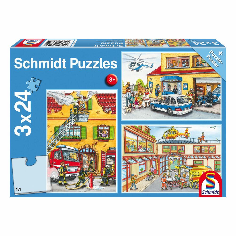 Schmidt Spiele Puzzle Rettungskräfte Feuerwehr und Polizei 3x24 Teile, 72 Puzzleteile