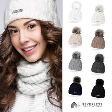 Neverless Bommelmütze gefütterte Damen Strickmütze Fell-Bommel Fleece-Futter Kunstfell Winter-Mütze Bommelmütze Neverless®