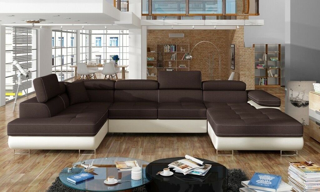 Sofa Design Modern Ecksofa, Ecksofa Couch Wohnlandschaft Stoff Modern Braun/Weiß U-Form JVmoebel