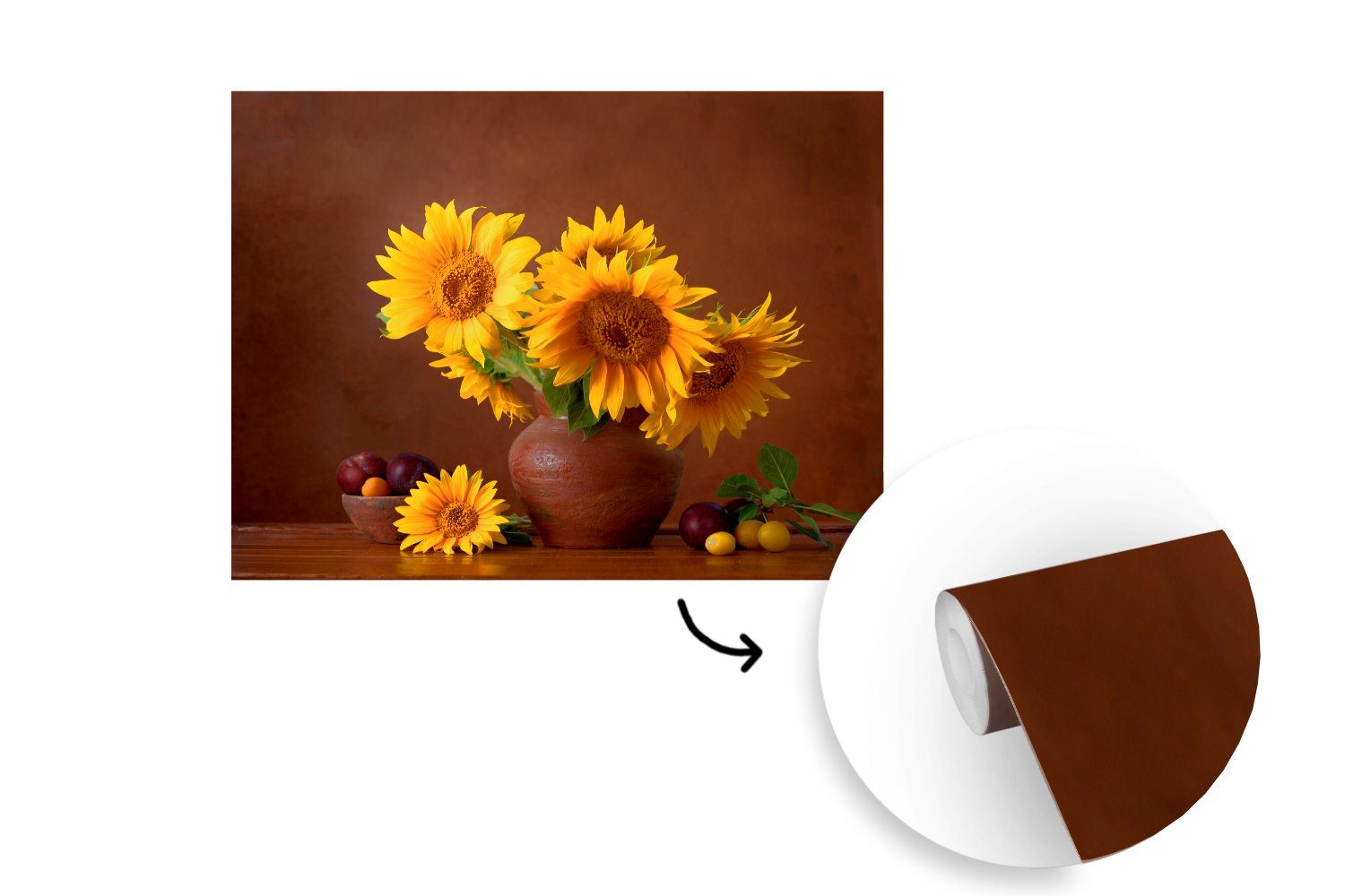 Sonnenblumen Vinyl Stilleben, Wandtapete bedruckt, (5 MuchoWow Wohnzimmer, - für Vase Fototapete Montagefertig Tapete Matt, St), -