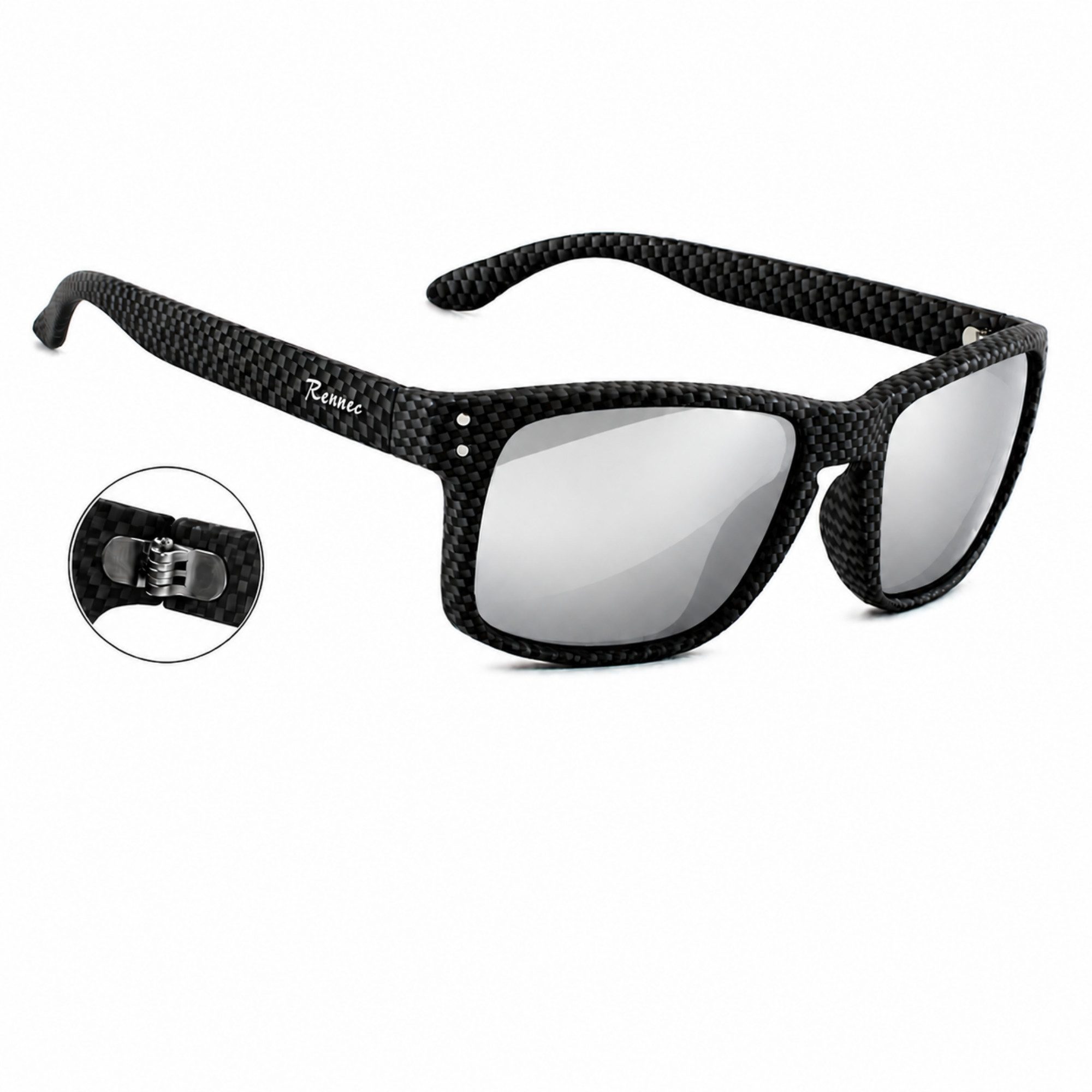 Rennec Sonnenbrille Herren Rechteckig Carbon Schwarz Design Silber Verspiegelt stabile Edelstahl Bügelgelenke, Markenschriftzug, UV400 Gläser