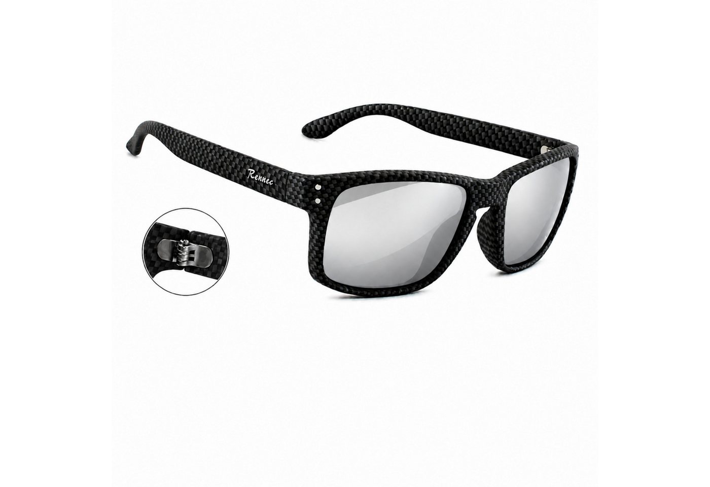 Rennec Sonnenbrille Herren Rechteckig Carbon Schwarz Design Silber Verspiegelt stabile Edelstahl Bügelgelenke, Markenschriftzug, UV400 Gläser