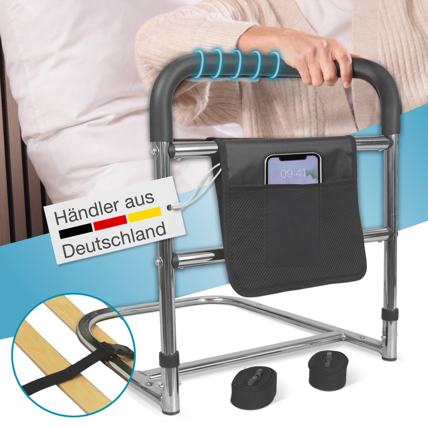ELONEO Bett - Aufstehhilfe mit Tasche & Gummi-Griffen für rutschfesten Halt, belastbar bis 120 kg, verhindert das Herausfallen aus dem Bett