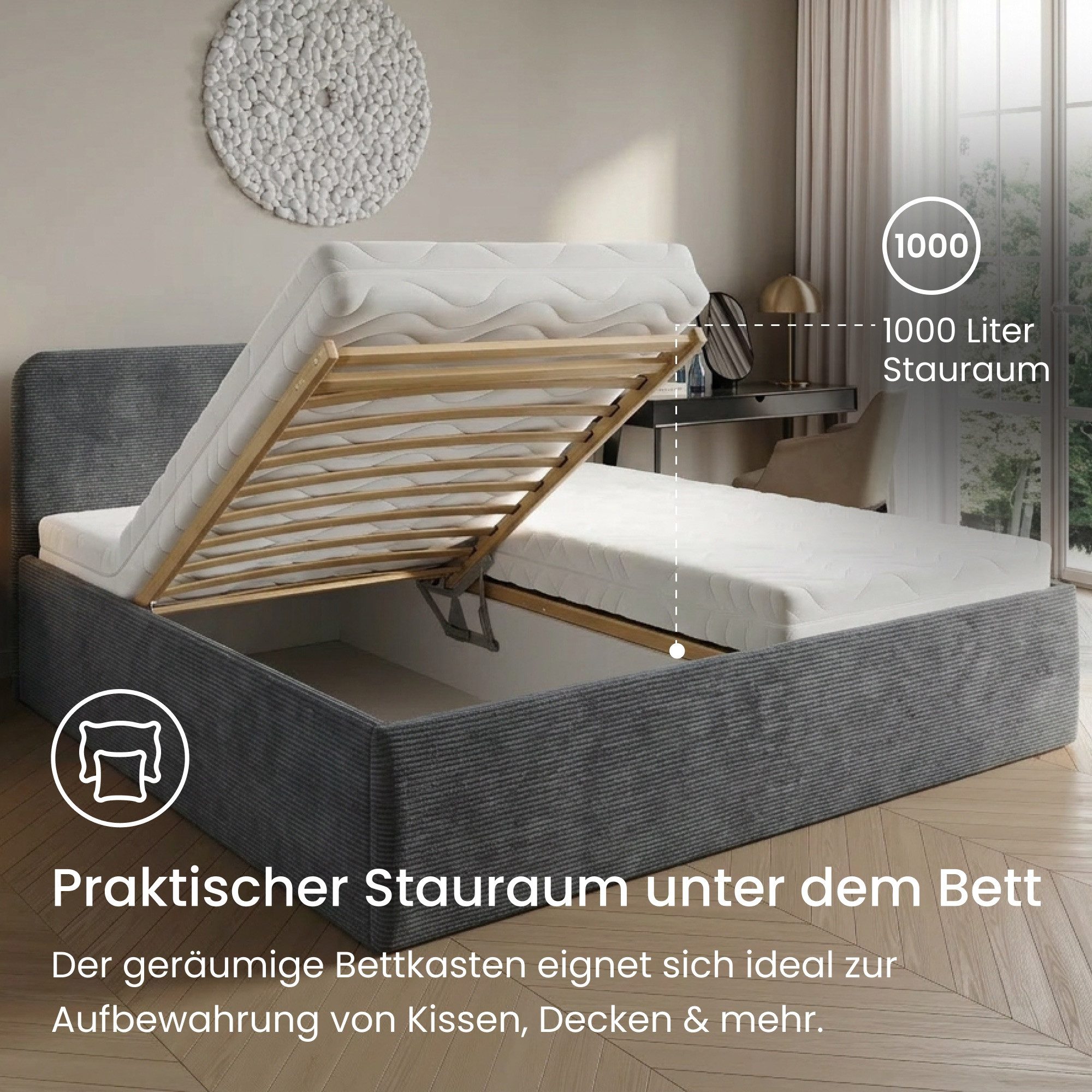 Home Collective Polsterbett Bett mit Stauraum, verstellbarem Lattenrost, viele Größen (Größen: 100x200 120x200 140x200 160x200 180x200 200x200, hochwertiger Kor – Bild 4 von 5