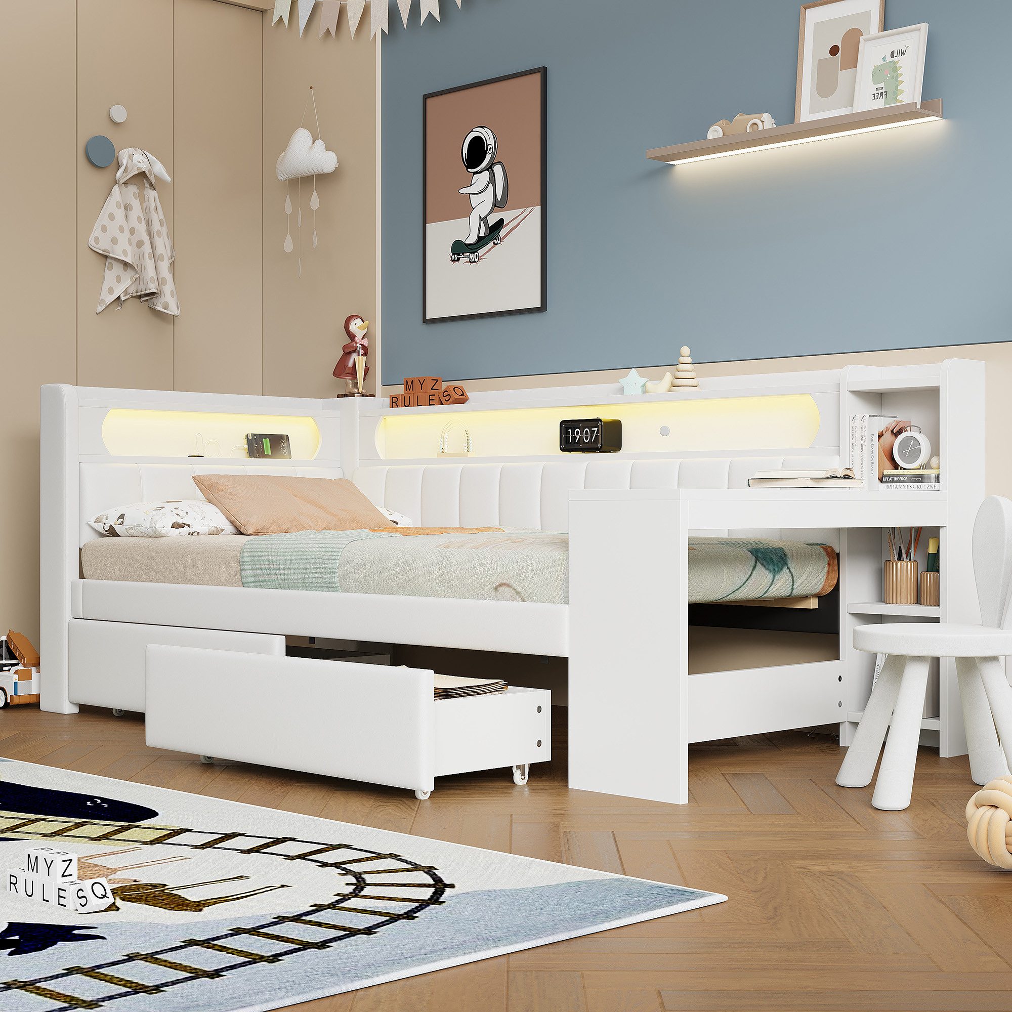 i@home Einzelbett Daybed 90x200 mit USB & LED, Schreibtisch und 2 Schubladen, Weiß (1 Bett (mit Schreibtisch und 2 Schubladen), ohne Matratze), Multifunktionales Gästebett mit Stauraum, LED-Beleuchtung & Ladeports