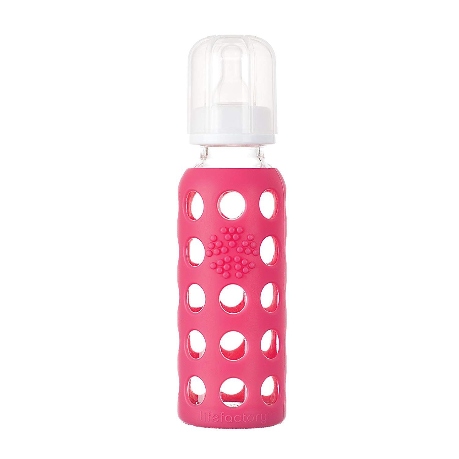 Lifefactory Babyflasche, Baby Glasflasche 250ml, inkl. Silikonsauger Gr. 2 (3-6 Monate) raspberry