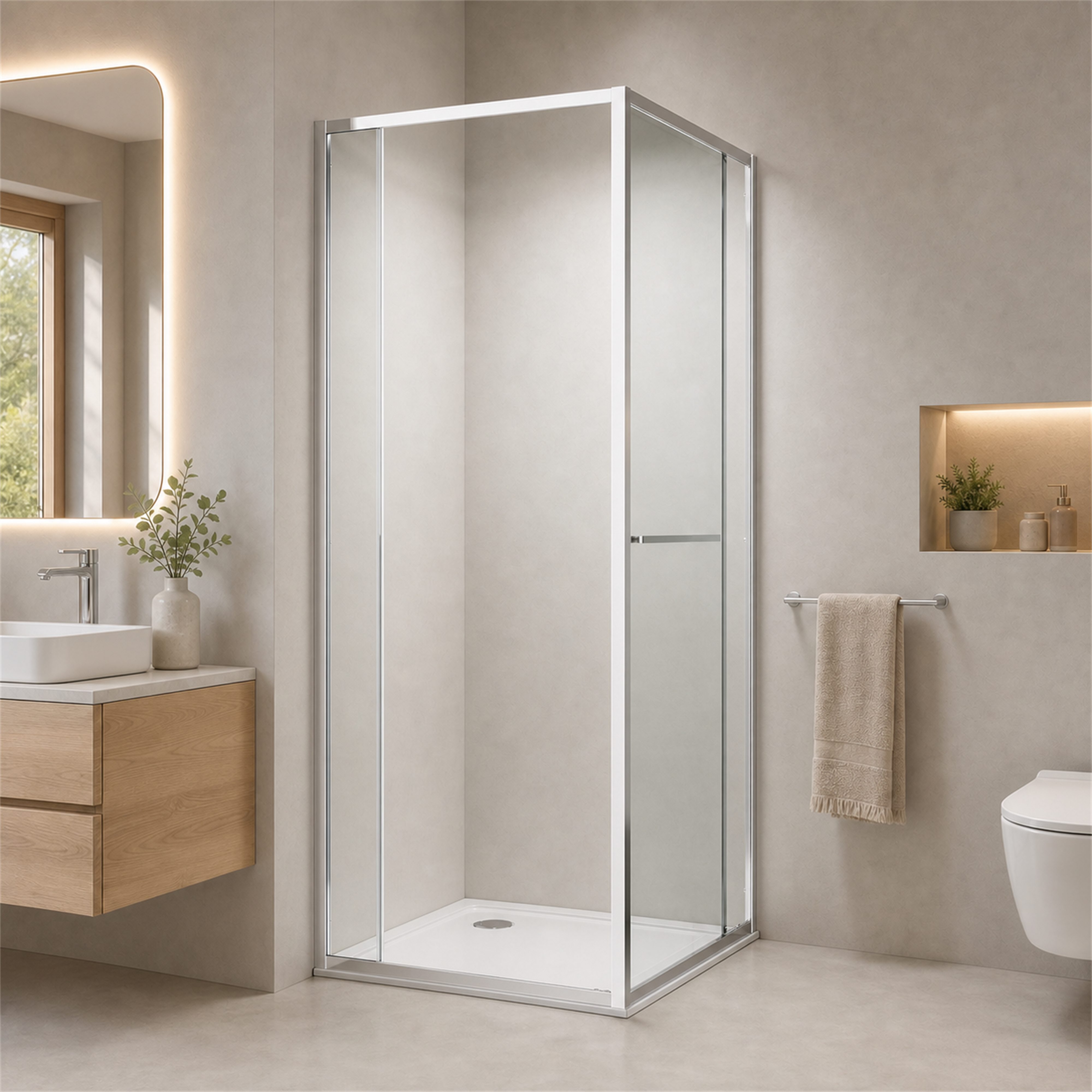 welltime Eckdusche Vinci, BxT: 90x90 cm, Sicherheitsglas, Schwingtür für maximal mögliche Einstiegbreite, Doppelrollensystem
