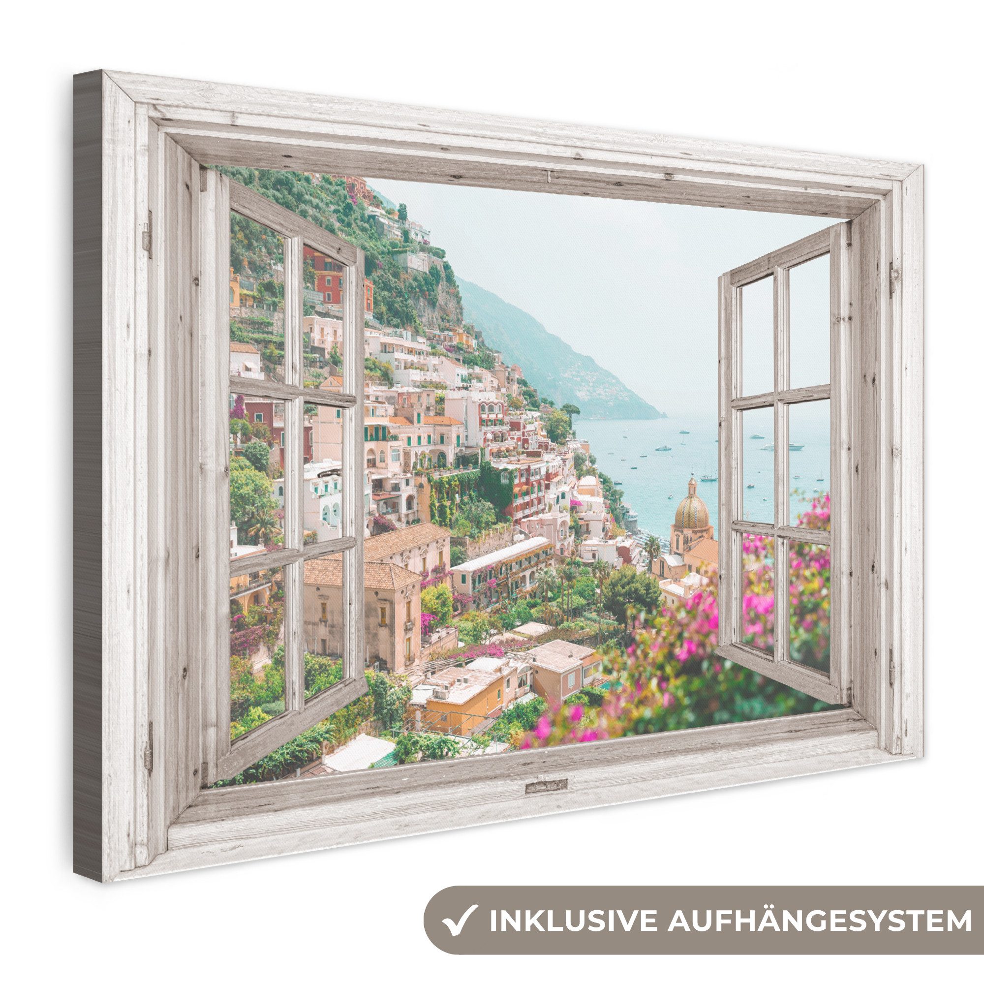 OneMillionCanvasses® Leinwandbild Ausblick - Italien - Blumen - Meer - Küste - Stadt - Berge, Fotodruck (1 St), Leinwand Bilder Klein, Wand Dekoration Aesthetic 30x20 cm