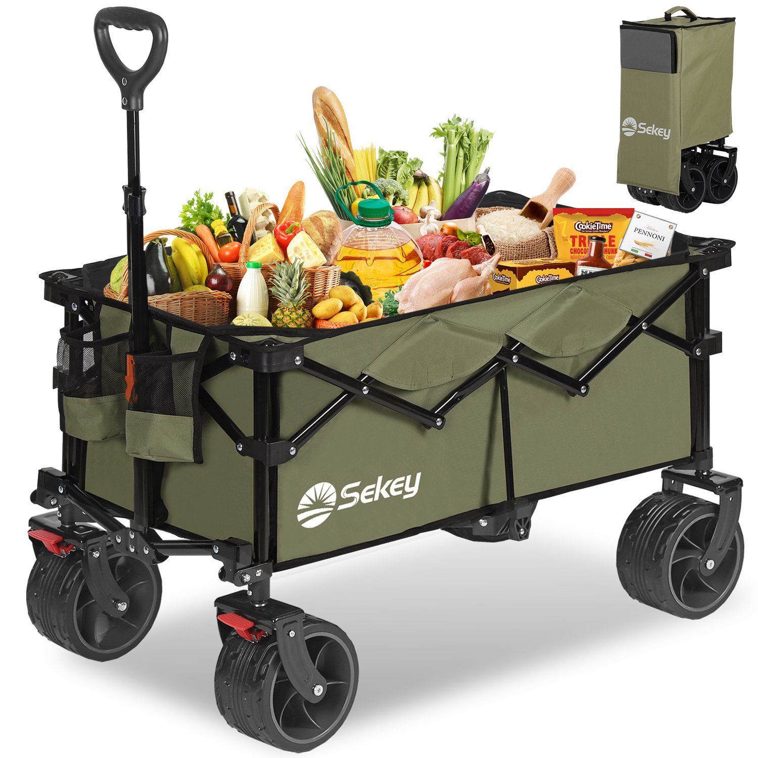 Sekey Bollerwagen Sekey XL Bollerwagen Faltbar mit Bremsen Breite Reifen Alle Gelände, Ultrakompakte Faltgröße, mit einer Hand faltbar, XL-B 4015 135L 120KG