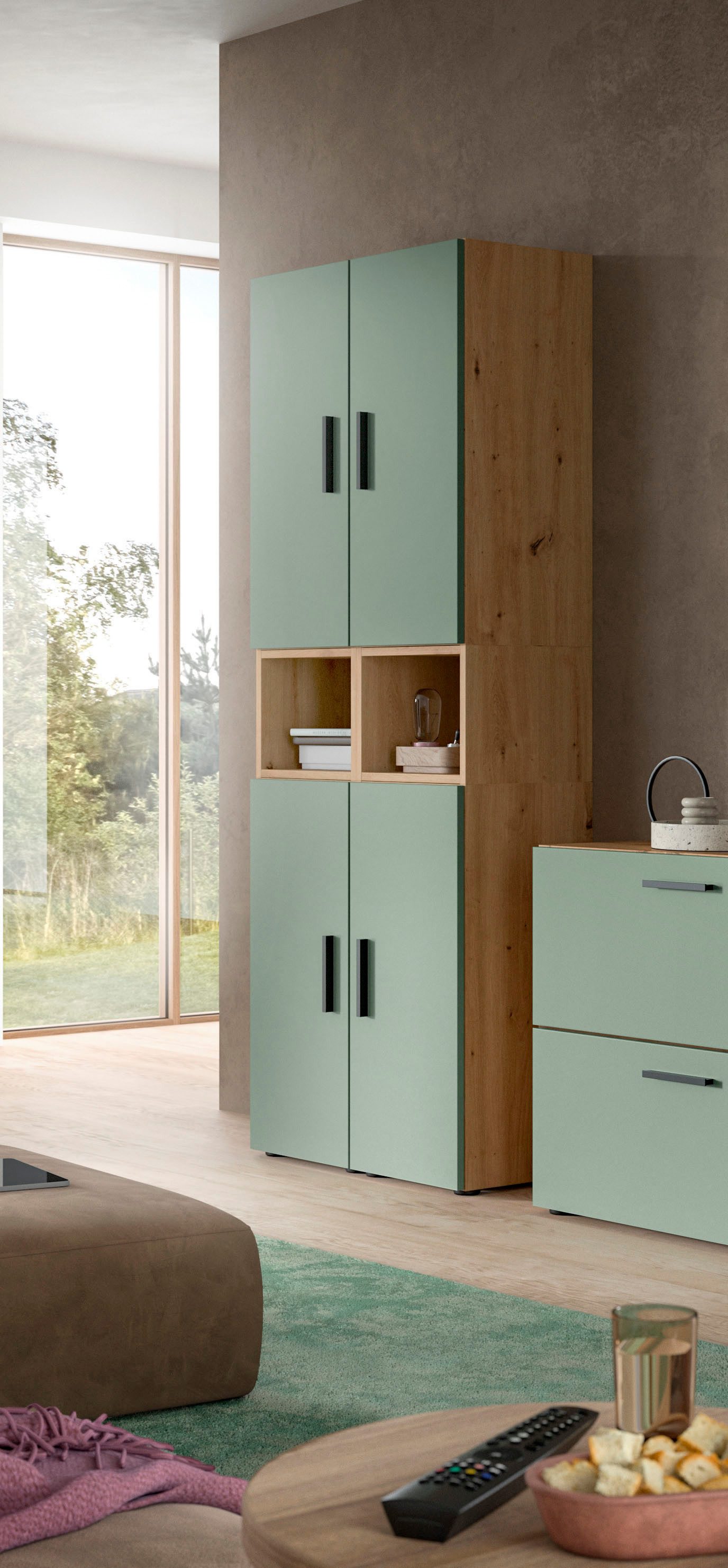 Home affaire Schrank-Set ENESTE, 6-teilig, in verschiedenen Farben, individuell kombinierbar, (2-St., verschiedenste Kombinationmöglichkeiten, stehend oder hängend), Stauraumelement, Kombination, Wohnkombination, Schrankwand, Lowboard