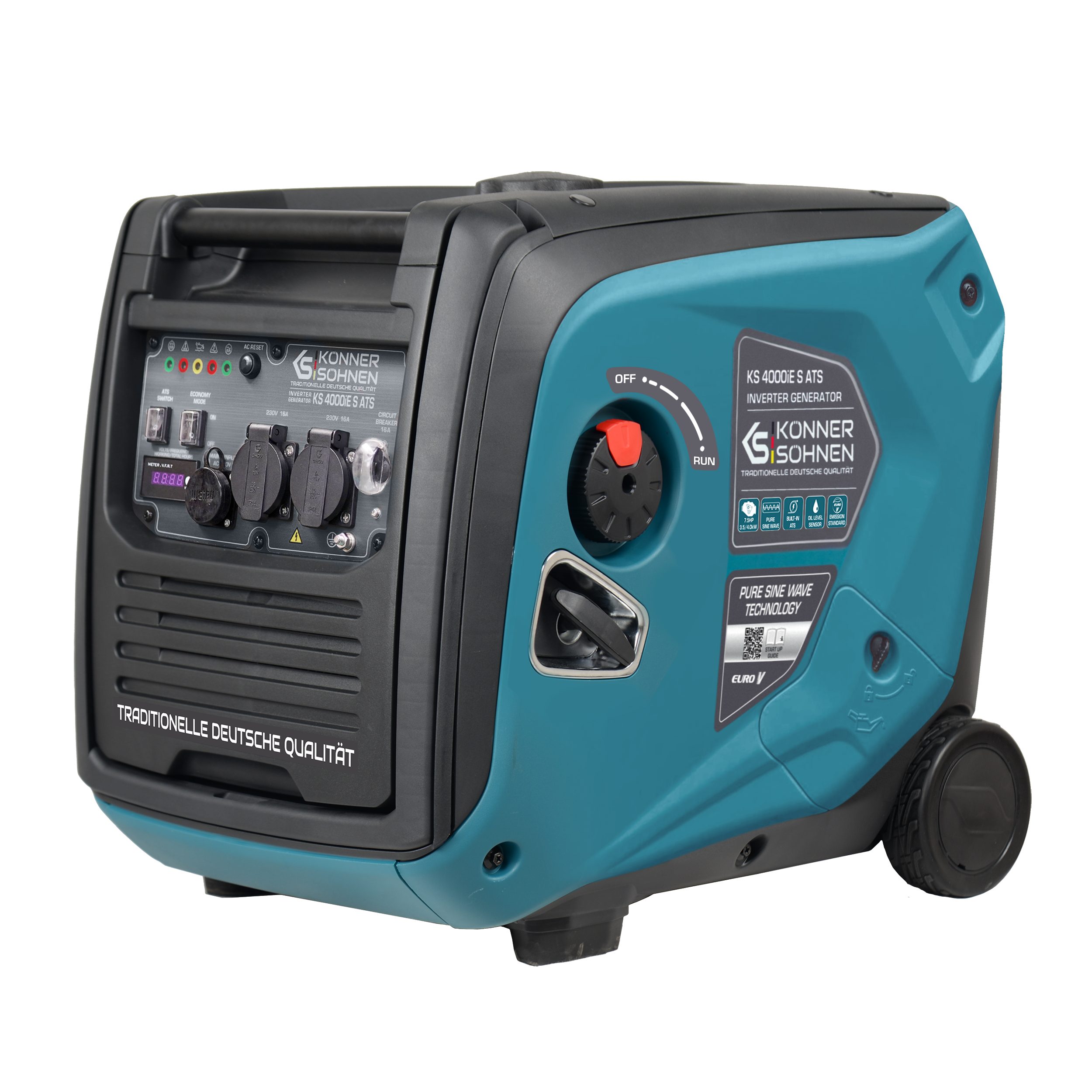 Könner & Söhnen Stromerzeuger KS 4000iE S ATS, 4,00 in kW, (eingebautes ATS-System. Schallgedämmtes Gehäuse (66 dB Lpa 7 m), 1-tlg., 2x Schuko 230V, LED-Anzeige ECO-Modus), Kupferwicklungen, Kurzschluss- und Überlastschutz, EURO 5 Motor