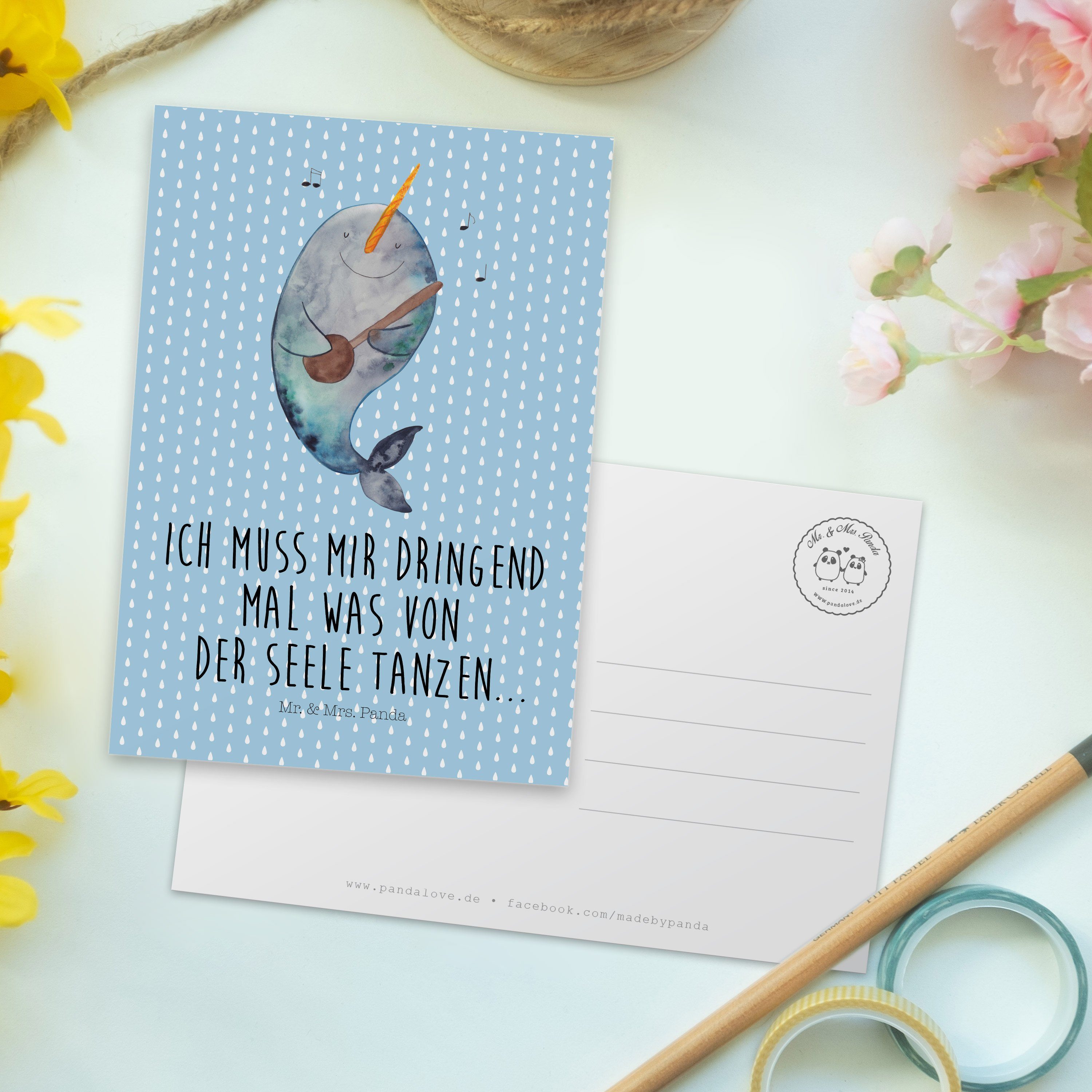Postkarte Gitarre Panda - Einladungskart - Pastell Dankeskarte, Mrs. Mr. Blau Geschenk, & Narwal